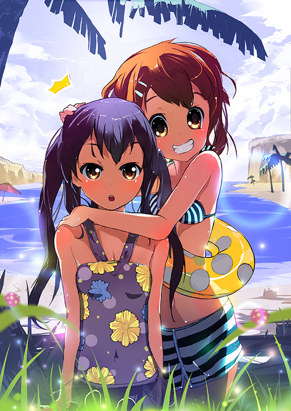dan evan, akiyama mio, hirasawa yui, nakano azusa, k-on!, 00s, 2girls, beach, bikini, bikini top only, black hair, blush, brown eyes, brown hair, day, grass, grin, hug, innertube, multiple girls, outdoors, palm tree, polka dot, smile, striped bikini, striped clothes, swim ring, swimsuit, tree