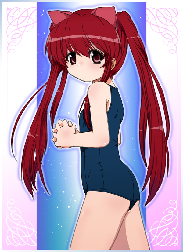 ryuu ryuu, aloe, aloe (quiz magic academy), quiz magic academy, 1girl, covered erect nipples, female focus, flat chest, loli, long hair, one-piece swimsuit, red eyes, red hair, ribbon, school swimsuit, solo, swimsuit, twintails