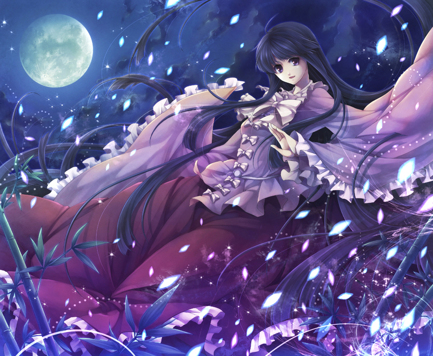 hagiwara rin, houraisan kaguya, touhou, bad id, bad pixiv id, 1girl, bamboo, bamboo forest, black hair, bow, bowtie, female focus, forest, frills, full moon, gathers, light particles, long hair, moon, nature, night, petals, red eyes, smile, solo, very long hair, wide sleeves