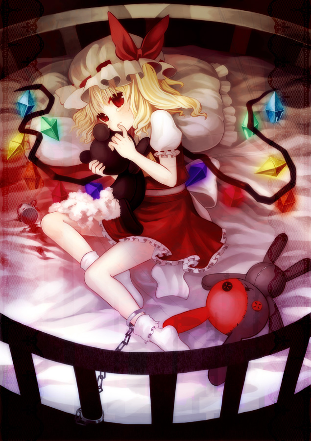 nishiki koi, flandre scarlet, touhou, bad id, bad pixiv id, 1girl, bed, blonde hair, chain, cuffs, cup, female focus, glowing, hat, lying, on side, one side up, ponytail, red eyes, shackles, short hair, side ponytail, solo, spill, stuffed animal, stuffed toy, tea, teacup, tears, teddy bear, wings