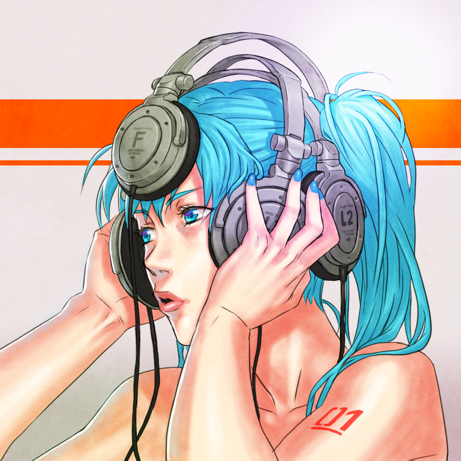 yoshimura ken'ichirou, yosshii, hatsune miku, vocaloid, 1girl, :o, aqua eyes, aqua hair, aqua nails, blue eyes, blue hair, blue nails, cable, female focus, from side, grey background, hair over shoulder, hands on headphones, hands up, headphones, lips, listening to music, long hair, looking to the side, matching hair/eyes, nail polish, nude, open mouth, portrait, realistic, simple background, solo, tattoo, twintails, you're doing it wrong