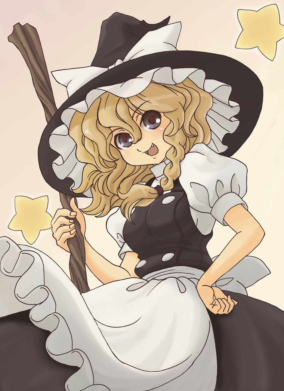 hamoto, kirisame marisa, touhou, bad id, bad pixiv id, highres, 1girl, blonde hair, blue eyes, braid, broom, fang, female focus, gradient background, hat, short hair, solo, witch, witch hat