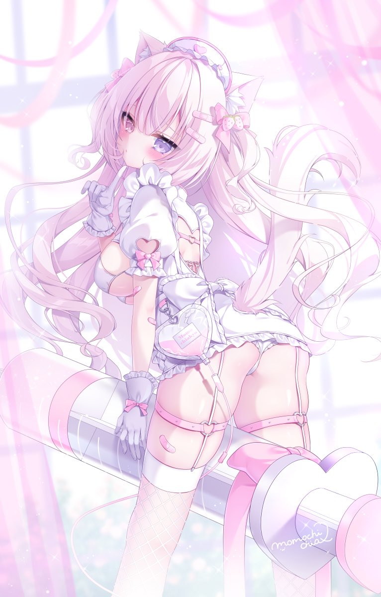 momochi chia, original, commentary request, highres, 1girl, animal ear fluff, animal ears, artist name, ass, bandaid, bandaid on arm, bikini, blurry, blurry background, blush, bow, breasts, breasts out, cat ears, cat girl, closed mouth, dress, finger to mouth, fishnet thighhighs, fishnets, frilled gloves, frills, garter straps, gloves, hair bow, hair ornament, hairclip, hat, heterochromia, large breasts, long hair, looking at viewer, looking back, nurse, nurse cap, panties, parallel hairclips, pink bow, pink hair, purple eyes, red eyes, short sleeves, signature, solo, swimsuit, syringe, tail, thighhighs, underwear, white dress, white gloves, white panties