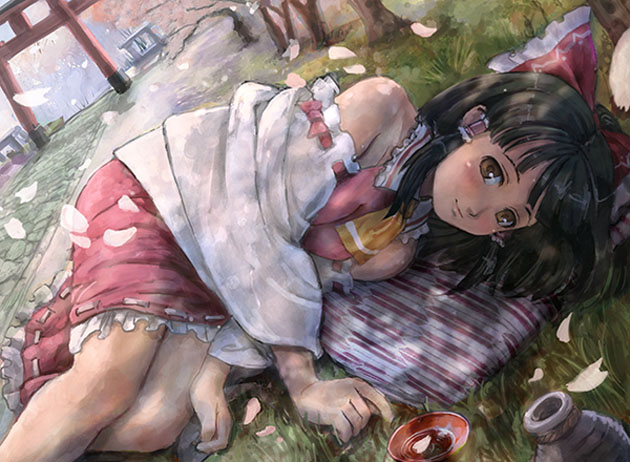 hamoto, hakurei reimu, bohemian archive in japanese red, touhou, bad id, bad pixiv id, 1girl, alcohol, black hair, bow, brown eyes, cherry blossoms, cup, detached sleeves, dutch angle, female focus, hair bow, japanese clothes, lying, miko, on side, petals, pillow, sakazuki, sake, short hair, smile, solo, torii