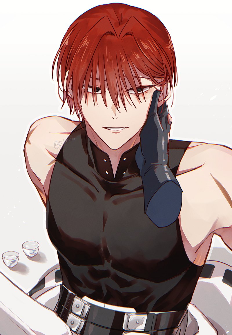 harada sanosuke (fate), nagakura shinpachi (fate), fate/grand order, fate (series), commentary request, 2boys, black eyes, cup, disembodied hand, hair intakes, implied yaoi, male focus, multiple boys, open mouth, p booo, red hair, shirt, short hair, sleeveless, sleeveless shirt, smile, solo focus, toned, toned male, white background