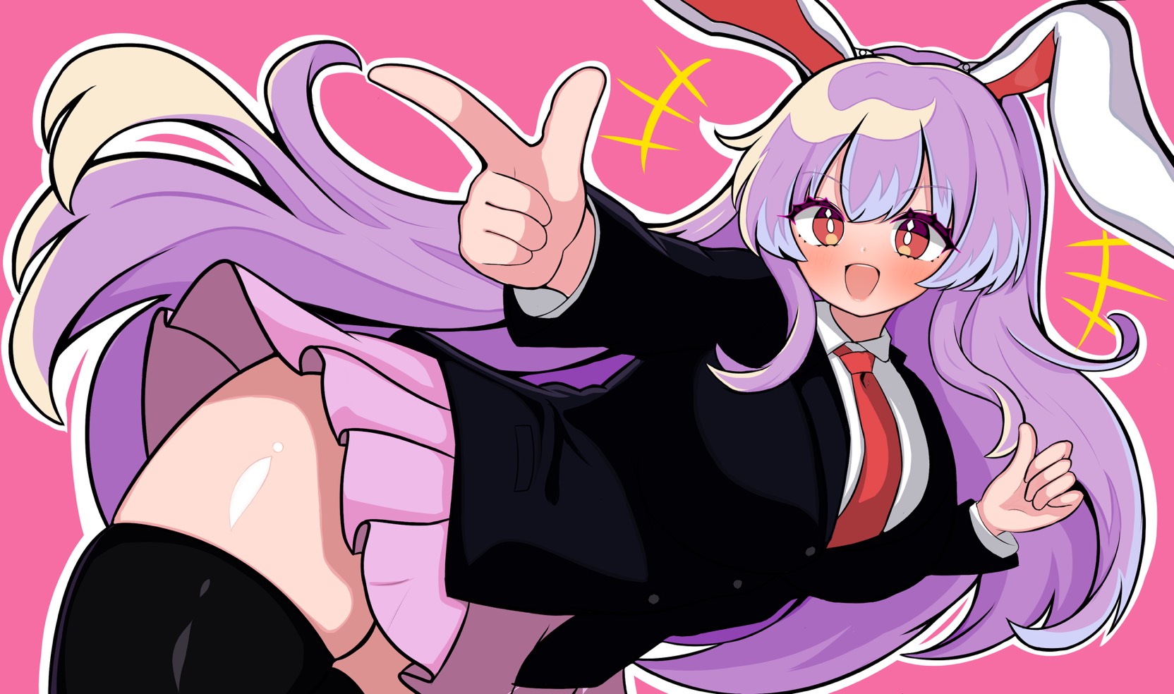 reisen udongein inaba, touhou, commentary request, highres, +++, 1girl, alternate breast size (larger), animal ears, black jacket, black thighhighs, blush, breasts, bright pupils, buttons, clenched hand, collared shirt, cowboy shot, hair between eyes, hands up, index finger raised, jacket, kukurukurukuru, lapels, large breasts, long hair, long sleeves, looking at viewer, miniskirt, necktie, open mouth, pink background, pink skirt, pleated skirt, purple hair, rabbit ears, rabbit girl, red eyes, red necktie, shirt, sidelocks, simple background, skirt, smile, solo, standing, teeth, thighhighs, thighs, wavy hair, white pupils, white shirt, zettai ryouiki