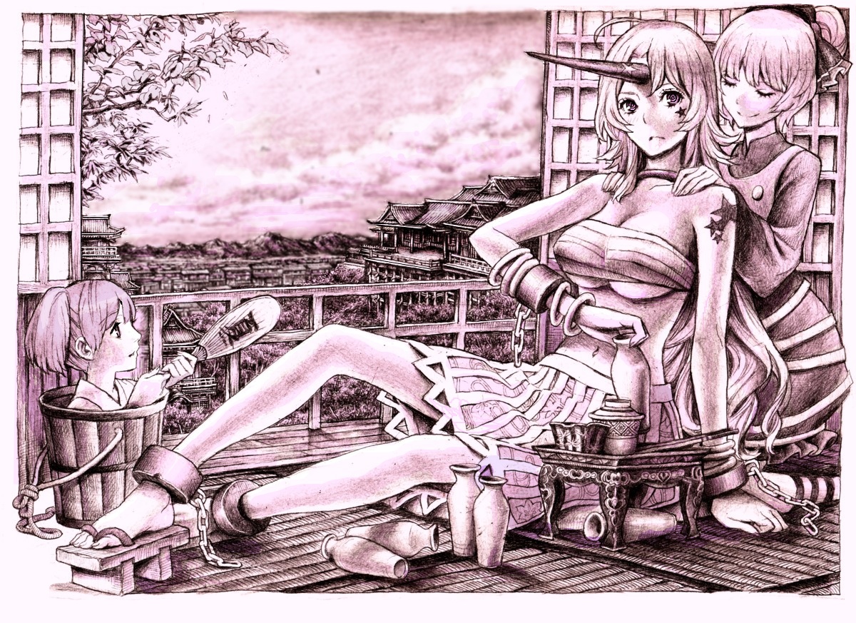 nobita (makoto7060355), hoshiguma yuugi, kisume, kurodani yamame, touhou, traditional media, 3girls, alcohol, barefoot, bow, breasts, bucket, chain, cloud, cuffs, feet, female focus, geta, hair bow, hand fan, horns, in bucket, in container, indoors, long hair, massage, monochrome, multiple girls, nature, plant, purple theme, sake, sandals, sarashi, shackles, short hair, shouji, single horn, skirt, sky, sliding doors, star (symbol), tatami, tattoo, twintails, underboob