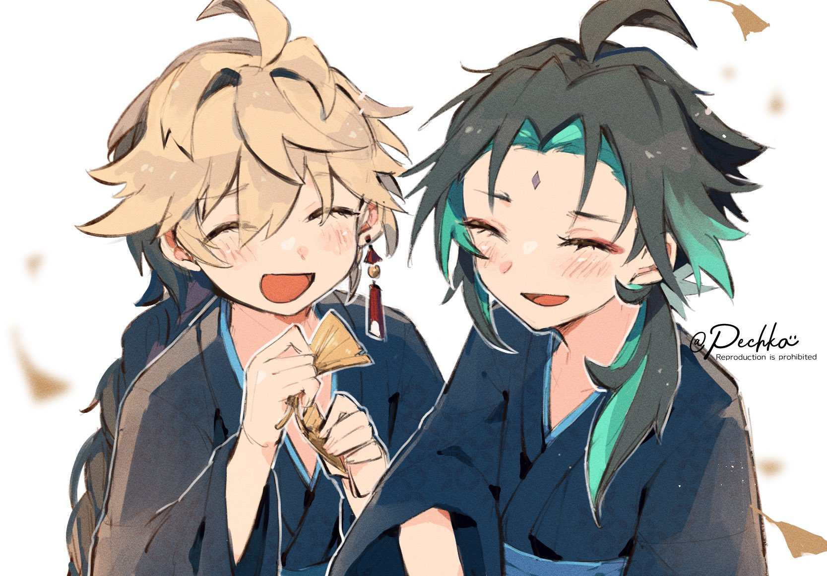 pechka, aether (genshin impact), xiao (genshin impact), genshin impact, commentary request, highres, 2boys, ahoge, black hair, blue kimono, blush, braid, closed eyes, earrings, facial mark, forehead mark, happy, japanese clothes, jewelry, kimono, long hair, long sleeves, male focus, multiple boys, open mouth, simple background, single earring, twitter username, upper body, white background