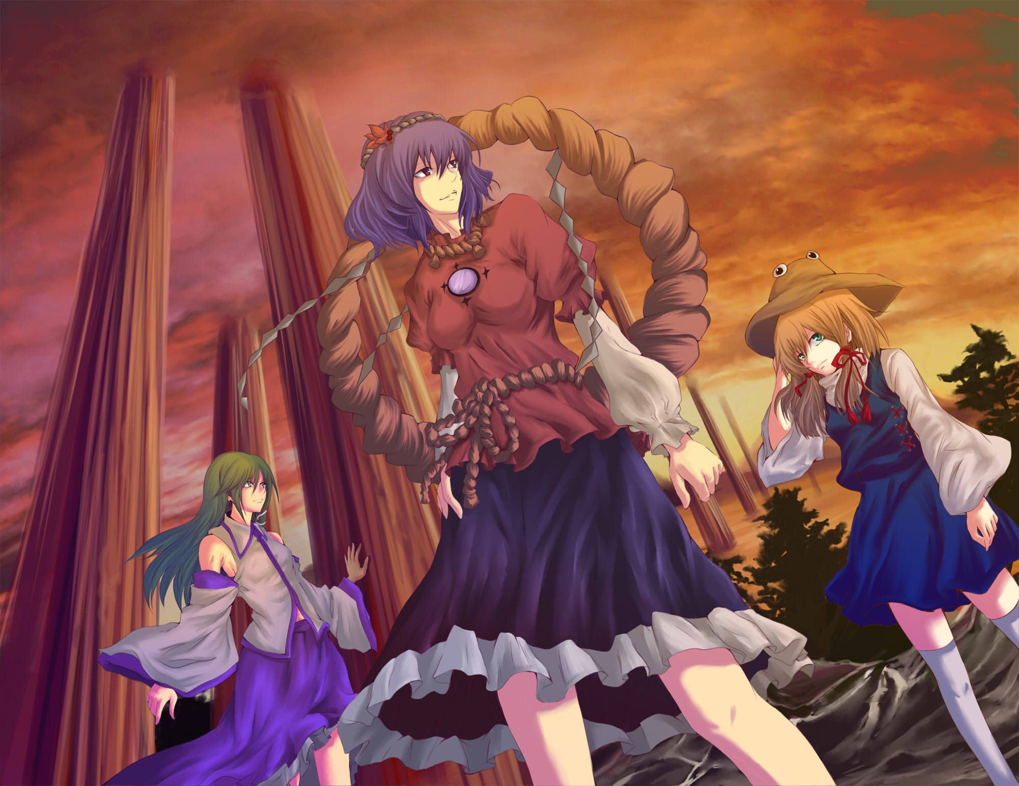 pokimari, kochiya sanae, moriya suwako, yasaka kanako, touhou, bad id, bad pixiv id, highres, 3girls, blonde hair, brown eyes, detached sleeves, female focus, green eyes, green hair, hair ribbon, hat, japanese clothes, long hair, miko, multiple girls, onbashira, pillar, purple hair, ribbon, rope, shide, shimenawa, short hair, thighhighs, wind, yellow eyes