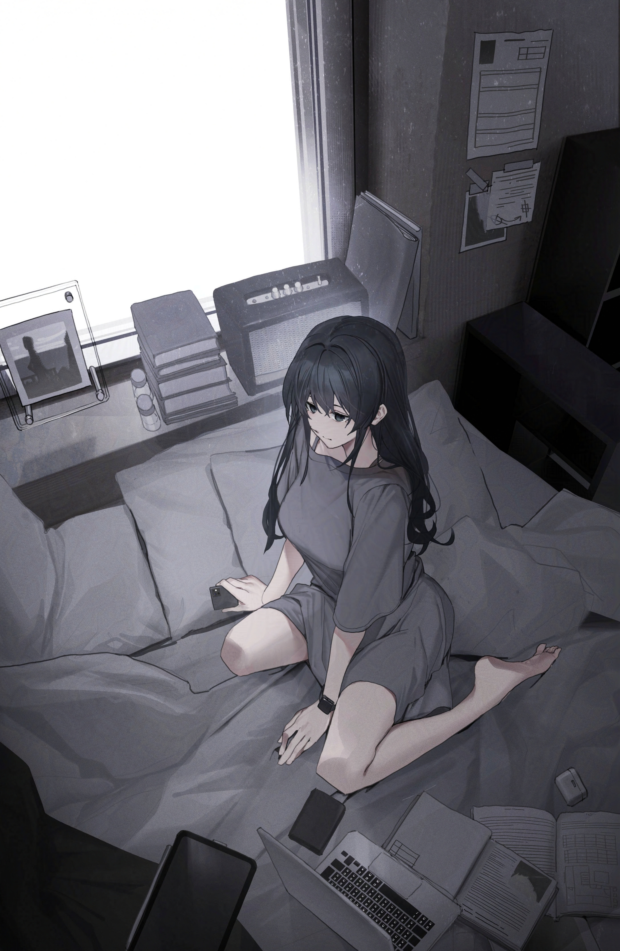 raitho, original, absurdres, adversarial noise, highres, 1girl, barefoot, bedroom, black eyes, black hair, book, bra strap, breasts, cellphone, closed mouth, computer, expressionless, from above, grey shirt, grey theme, holding, holding phone, indoors, laptop, long hair, long shirt, on bed, open book, oversized clothes, oversized shirt, phone, picture frame, pile of books, pillow, shirt, sitting, smartphone, solo, tablet pc, three-quarter sleeves, window