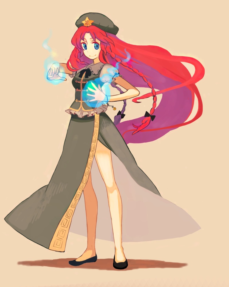 jean (jean sp), hong meiling, immaterial and missing power, touhou, 1girl, blue eyes, braid, china dress, chinese clothes, dress, female focus, full body, hat, long hair, red hair, simple background, solo, standing, twin braids, very long hair
