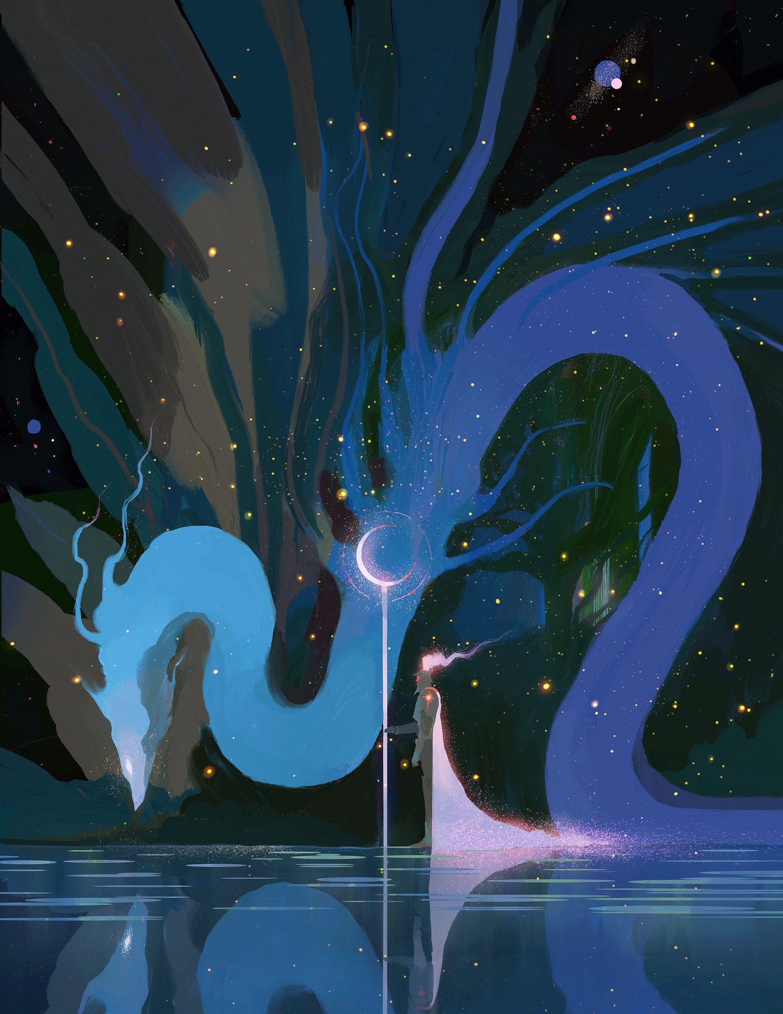 ahad, original, commentary, english commentary, highres, 1other, armor, cape, crescent, fins, from side, holding, holding staff, monster, plume, reflection, reflective liquid, sea serpent, sky, staff, star (sky), starry sky, tree