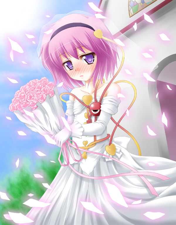 kani infuruenza, komeiji satori, touhou, 1girl, blush, bouquet, bridal veil, bride, dress, female focus, flower, gloves, hairband, heart, outdoors, petals, purple eyes, purple hair, short hair, sky, solo, veil, wedding, wedding dress