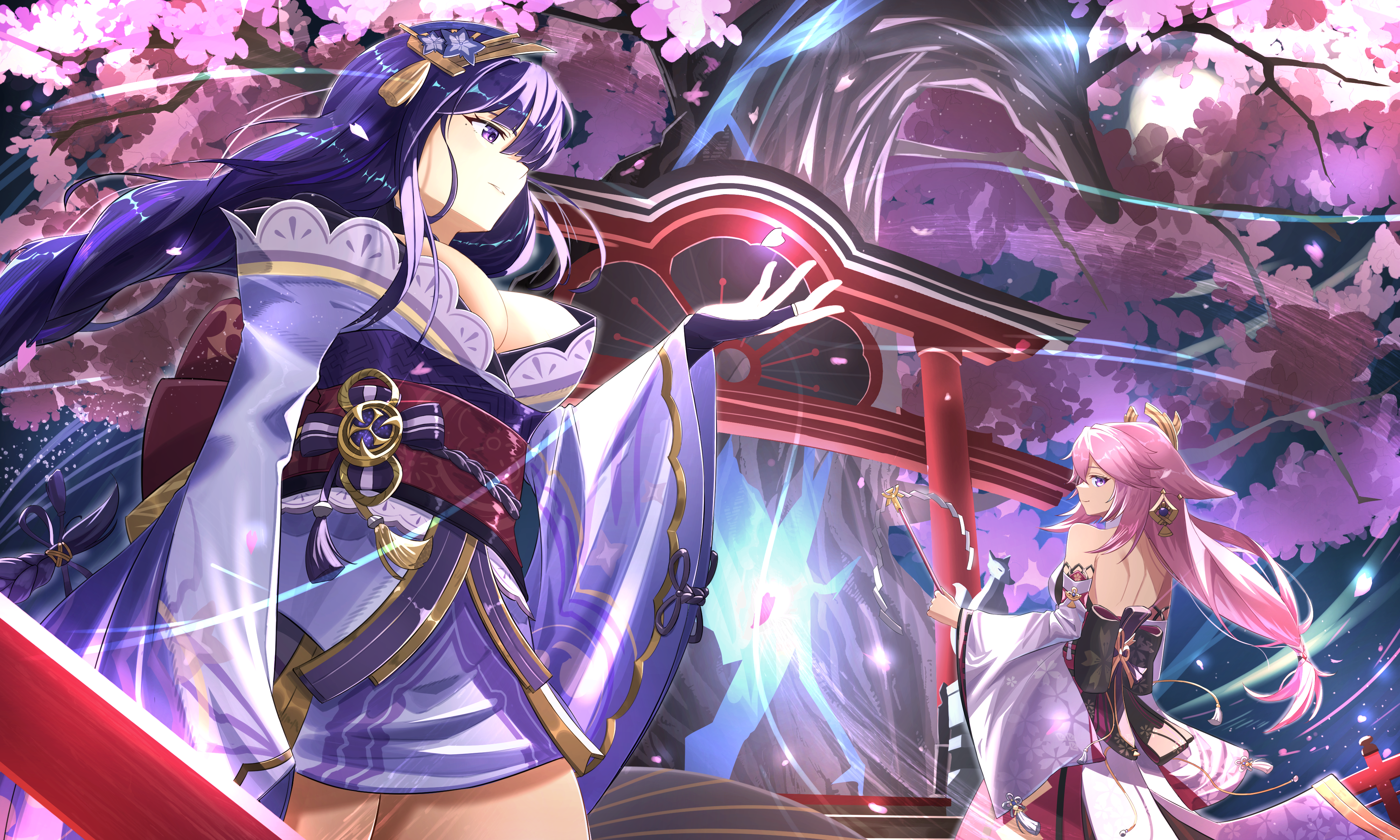 eiryu33, raiden shogun, yae miko, genshin impact, absurdres, commentary request, highres, 2girls, animal ears, bare shoulders, braid, breasts, bridal gauntlets, cherry blossoms, detached sleeves, fan hair ornament, floppy ears, flower, fox ears, hair between eyes, japanese clothes, kimono, large breasts, long hair, long sleeves, low-braided long hair, low-tied long hair, magic, multiple girls, obiage, obijime, pink hair, purple eyes, purple flower, purple hair, purple kimono, purple nails, wide sleeves