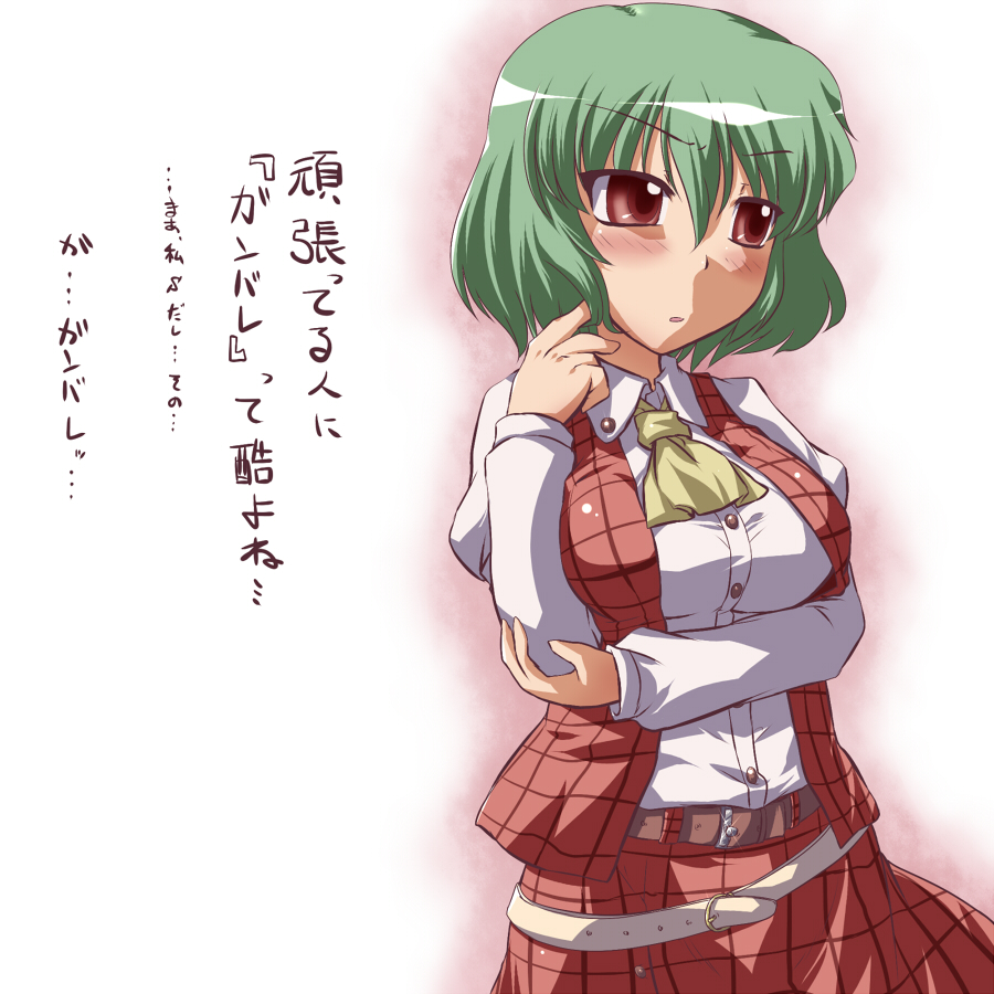 yoshi tama, kazami yuuka, touhou, translation request, 1girl, ascot, belt, belt skirt, blush, breasts, female focus, green hair, large breasts, multiple belts, plaid clothes, plaid skirt, plaid vest, red eyes, short hair, skirt, skirt set, solo, vest, white background