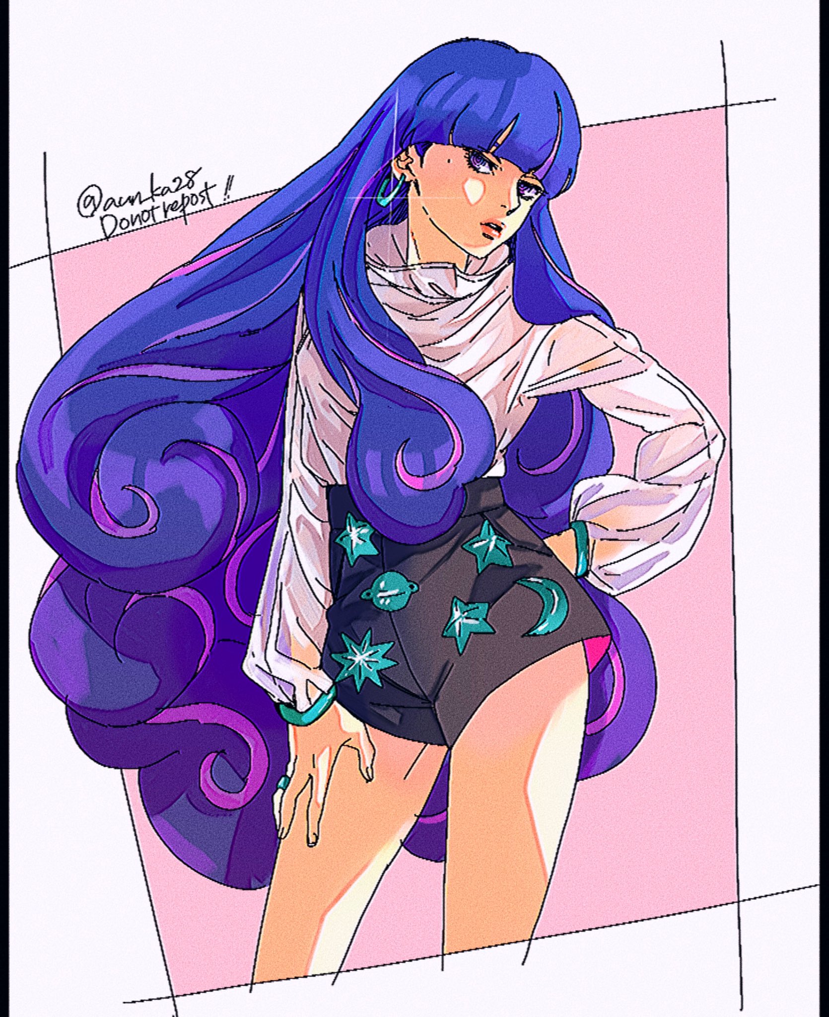 onka (aun ka28), ada (naruto), boruto: naruto next generations, naruto (series), commentary request, highres, 1girl, blue hair, contrapposto, curly hair, earrings, feet out of frame, high-waist shorts, jewelry, long hair, long sleeves, multicolored hair, puffy long sleeves, puffy sleeves, purple hair, short shorts, shorts, solo, streaked hair, twitter username, two-tone hair, very long hair