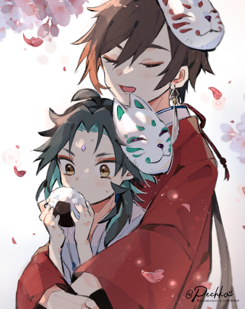 pechka, xiao (genshin impact), zhongli (genshin impact), genshin impact, commentary request, 2boys, brown eyes, brown hair, eyelashes, food, forehead, hug, hug from behind, long sleeves, male focus, mask, mask on head, multiple boys, onigiri, open mouth, petals, ponytail, twitter username, white background, yaoi