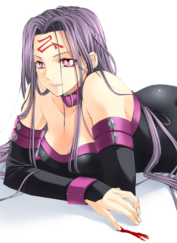 medusa (fate), medusa (rider) (fate), fate/stay night, fate (series), lowres, 00s, 1girl, bare shoulders, blood, breasts, collar, detached sleeves, dress, female focus, large breasts, long hair, lying, on stomach, purple eyes, purple hair, solo, square pupils, strapless, strapless dress, very long hair