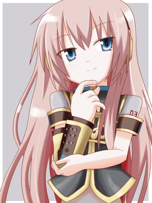 minami (colorful palette), megurine luka, vocaloid, 1girl, blue eyes, detached sleeves, female focus, headphones, long hair, midriff, pink hair, simple background, smile, solo