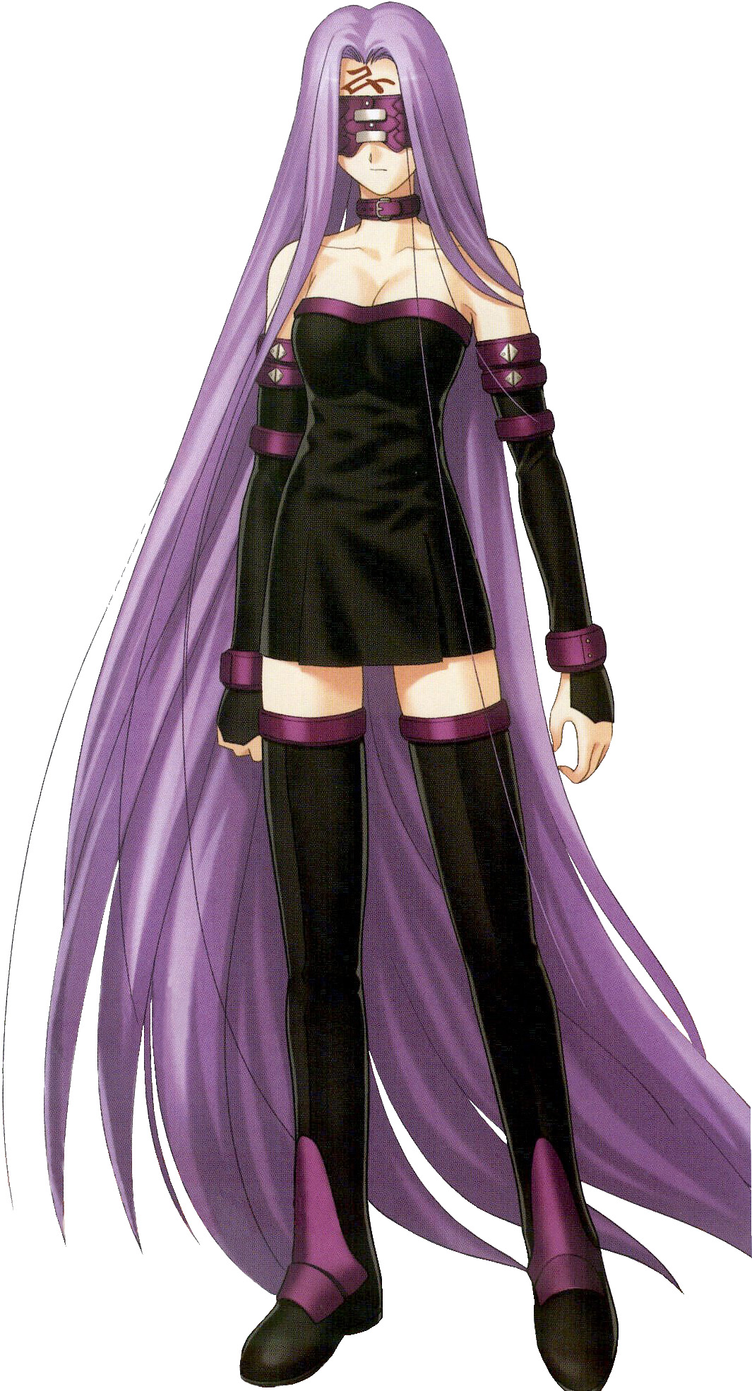 takeuchi takashi, medusa (fate), medusa (rider) (fate), fate/stay night, fate (series), highres, scan, third-party edit, third-party extraction, 00s, 1girl, bare shoulders, belt buckle, black boots, black dress, blindfold, boots, breaker gorgon, buckle, collar, collarbone, detached sleeves, dress, facial mark, female focus, forehead mark, long hair, long sidelocks, pink collar, purple hair, sidelocks, simple background, solo, strapless, strapless dress, thigh boots, thighhighs, very long hair, white background, zettai ryouiki