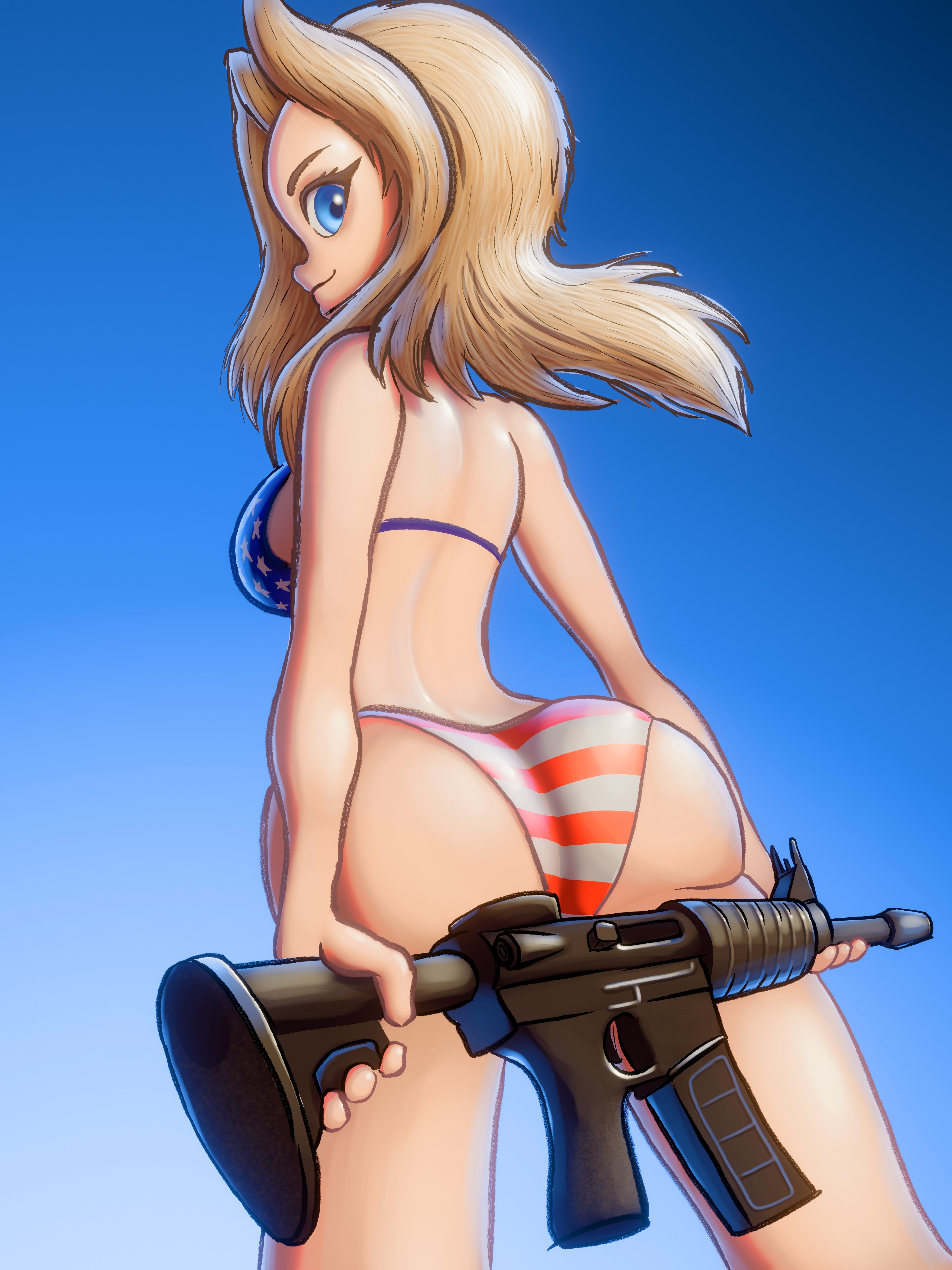 soandnb, kay (girls und panzer), girls und panzer, 1girl, american flag, american flag bikini, american flag print, ar-15, ass, bikini, blonde hair, blue bikini, blue eyes, breasts, flag print, flag print bikini, from behind, gun, holding, holding gun, holding weapon, large breasts, long hair, looking at viewer, looking back, print bikini, red bikini, rifle, sky, smile, standing, star (symbol), star print, striped bikini, striped clothes, swimsuit, weapon