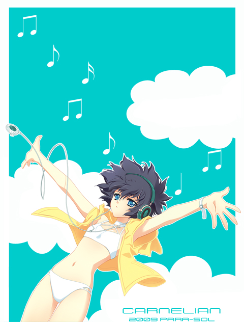 carnelian, yatabe miu, para-sol, bikini, dated, headphones, musical note, outline, solo, swimsuit, vest, white bikini