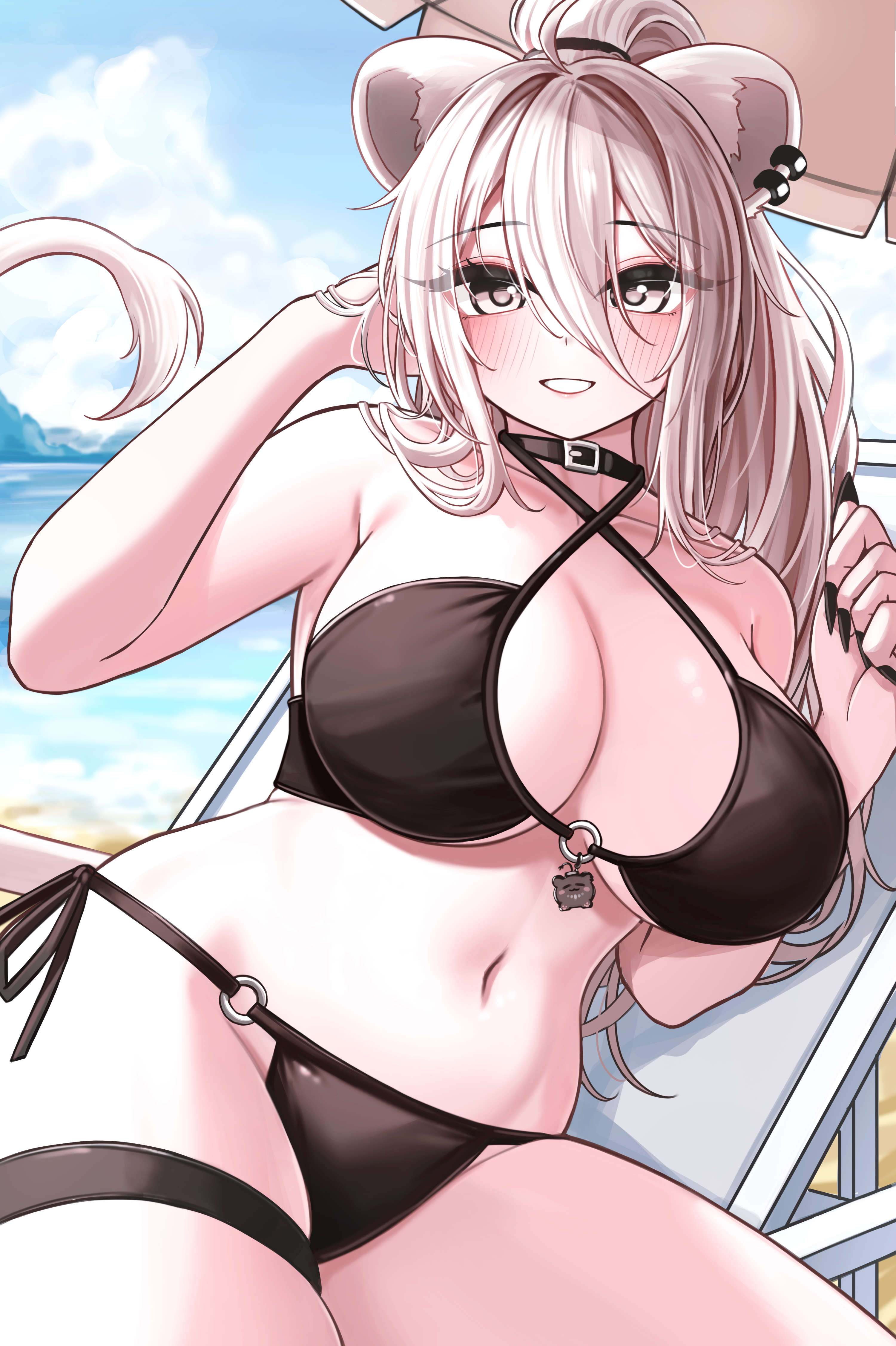 ruo1001, shishiro botan, hololive, absurdres, commentary request, highres, 1girl, ahoge, alternate hairstyle, animal ears, beach, beach chair, bikini, black nails, blue sky, blush, breasts, cleavage, closed mouth, cloud, grey eyes, grey hair, hair between eyes, halterneck, large breasts, lion ears, lion girl, lion tail, long hair, looking at viewer, lying, nail polish, o-ring, o-ring bikini, on side, outdoors, ponytail, sand, sky, smile, solo, swimsuit, tail, thigh strap, virtual youtuber, water