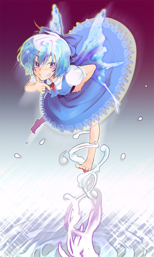 shino satoru, cirno, embodiment of scarlet devil, touhou, bad id, bad pixiv id, 1girl, barefoot, blue bow, blue dress, blue eyes, blue hair, bow, dress, feet, female focus, full body, grin, hair bow, matching hair/eyes, puffy short sleeves, puffy sleeves, short hair, short sleeves, smile, solo, water, wings