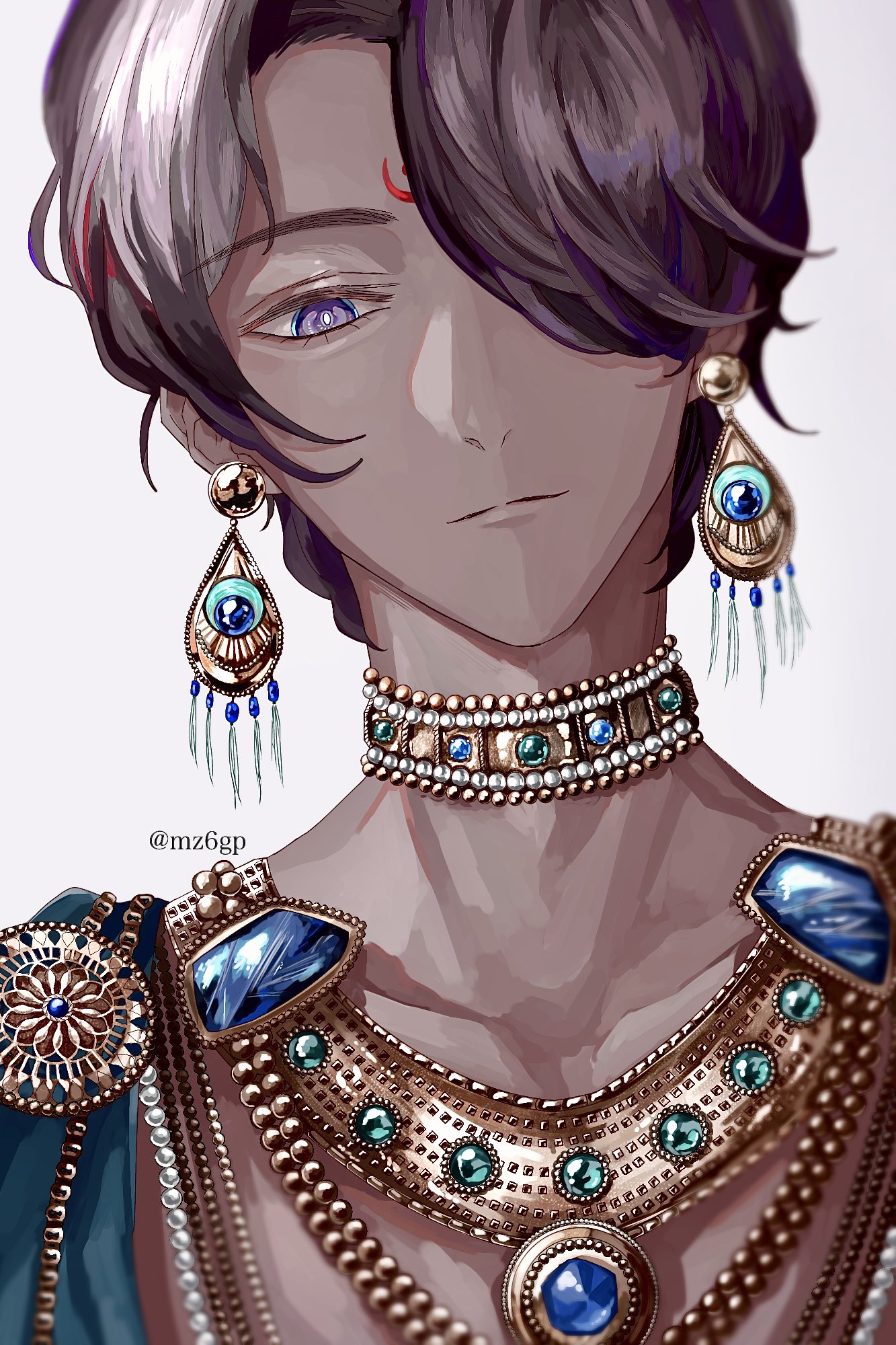 mz6gp, arjuna (fate), fate/grand order, fate (series), commentary request, highres, 1boy, brown hair, dark-skinned male, dark skin, earrings, facial mark, forehead mark, hair over one eye, indian clothes, jewelry, looking at viewer, male focus, necklace, portrait, purple eyes, short hair, simple background, solo, white background