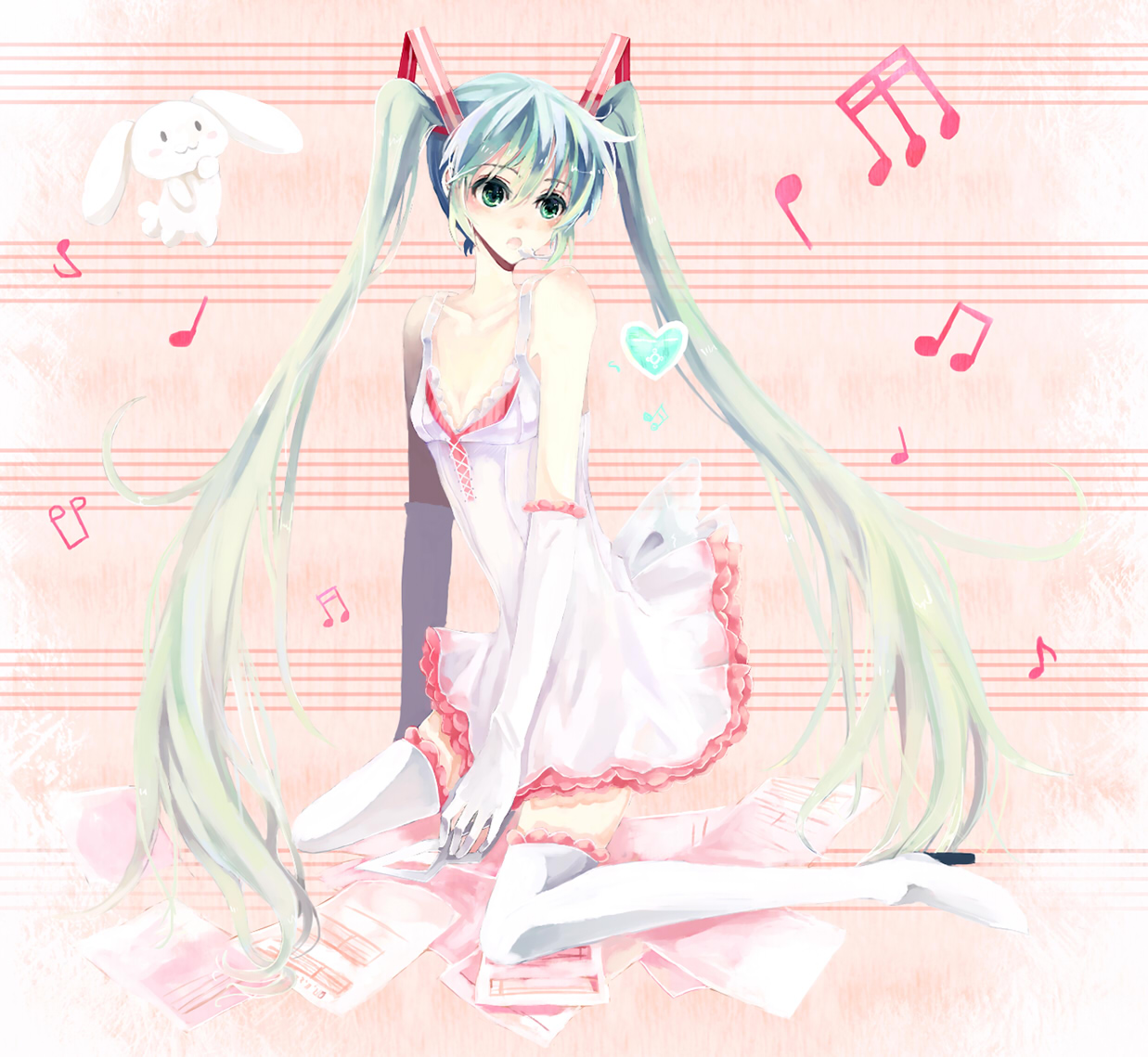 nako, nako (nonrain), hatsune miku, miracle paint (vocaloid), vocaloid, 1girl, :3, aqua eyes, aqua hair, beamed quavers, boots, dress, elbow gloves, female focus, gloves, headphones, headset, heart, high heels, kneeling, long hair, musical note, quaver, sheet music, shoes, short dress, solo, stuffed animal, stuffed rabbit, stuffed toy, thigh boots, thighhighs, twintails, very long hair, white dress, white gloves, zettai ryouiki