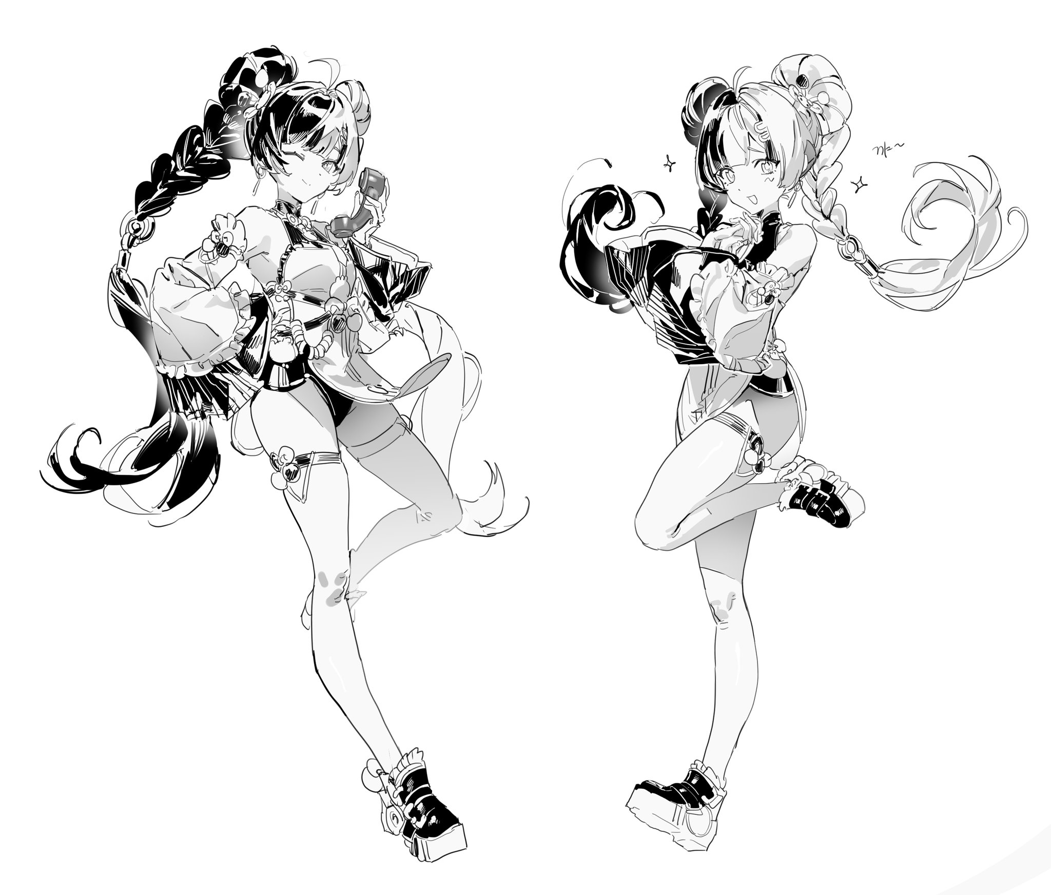 f4d1a6, dialyn (zenless zone zero), zenless zone zero, commentary, english commentary, highres, 1girl, ahoge, bare shoulders, black hair, black shoes, blush, braid, braided twintails, china dress, chinese clothes, closed mouth, corded phone, detached sleeves, double bun, dress, earrings, from side, full body, greyscale, hair bun, hair extensions, hair intakes, hair ornament, hairclip, interlocked fingers, jewelry, long hair, monochrome, multicolored hair, multiple views, necktie, one eye closed, open mouth, own hands together, pelvic curtain, phone, ring hair extensions, shoes, simple background, sparkle, split-color hair, standing, standing on one leg, thighhighs, white background, white dress, white hair, white thighhighs, wire