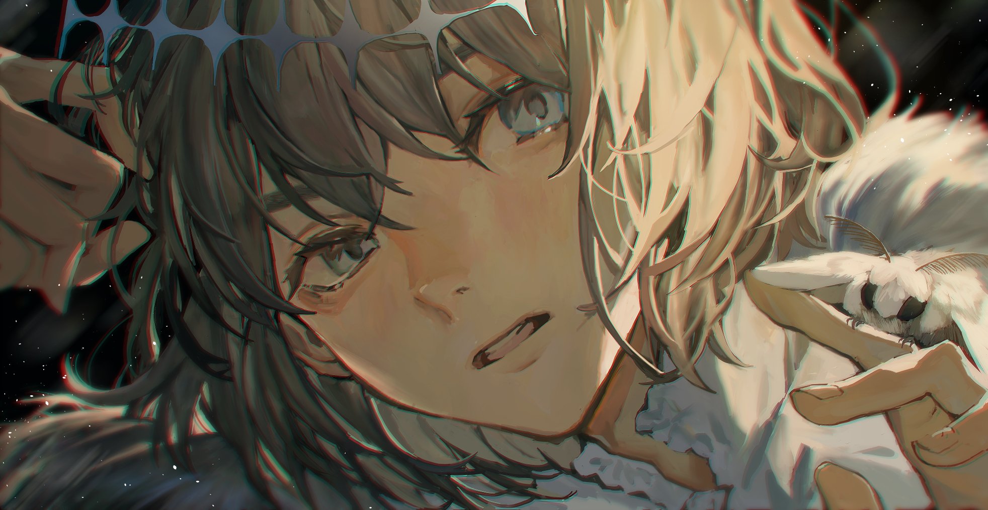 mebaru, blanca (fate), oberon (fate), oberon (third ascension) (fate), fate/grand order, fate (series), commentary request, highres, 1boy, blue eyes, bug, close-up, crown, diamond hairband, fur trim, grey hair, insect, insect on finger, looking at viewer, male focus, medium hair, moth, moth on hand, open mouth, solo