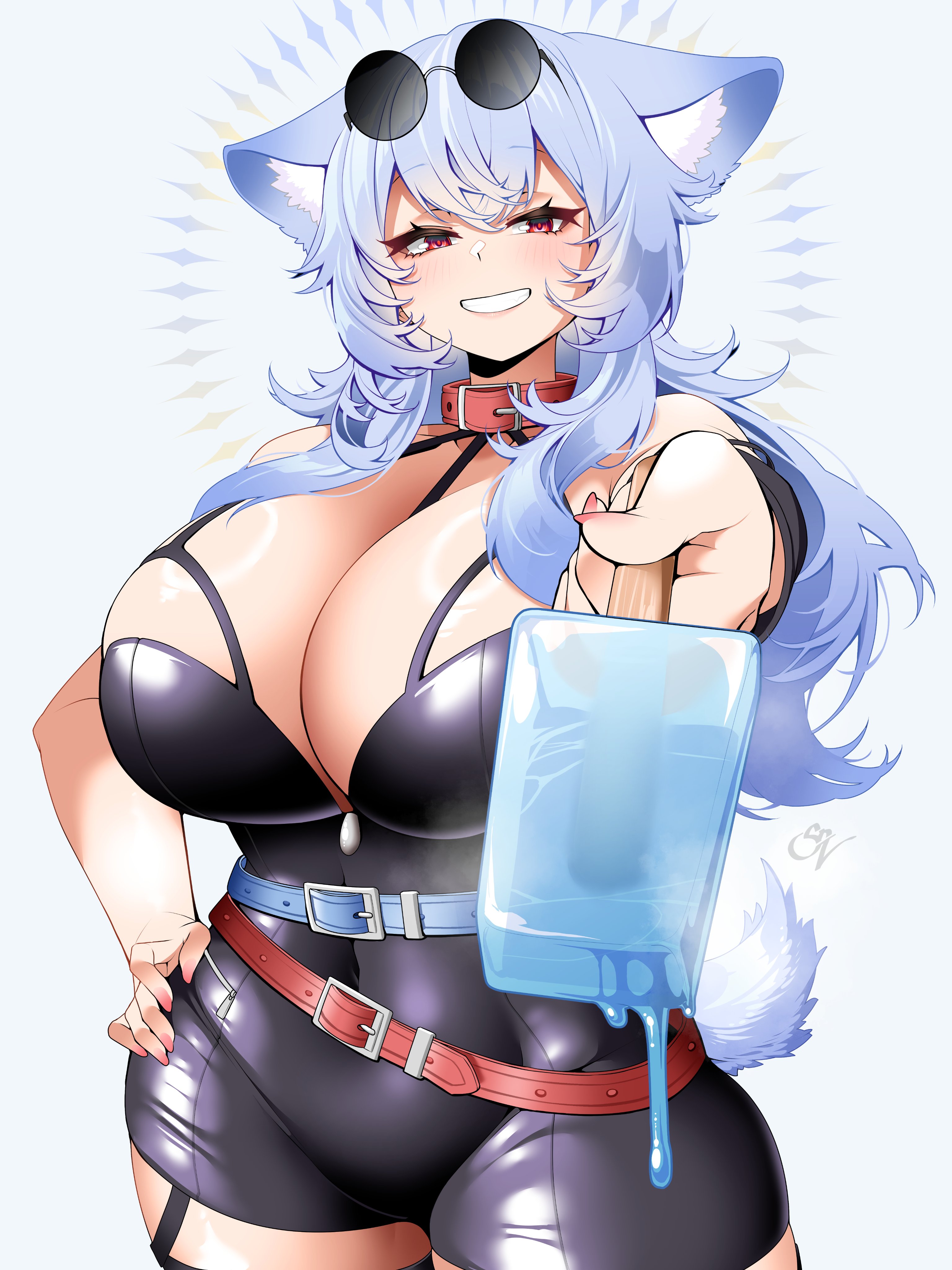 saltnvalk, original, absurdres, commentary, commission, highres, symbol-only commentary, vgen commission, 1girl, animal ear fluff, animal ears, bare shoulders, belt, belt buckle, belt collar, black dress, blue hair, blush, breasts, buckle, collar, cowboy shot, double-parted bangs, dress, eyewear on head, food, grin, hair between eyes, hand on own hip, holding, holding food, holding popsicle, huge breasts, incoming gift, long hair, looking at viewer, melting popsicle, popsicle, red belt, red collar, red eyes, simple background, smile, solo, sunglasses, tail, white background