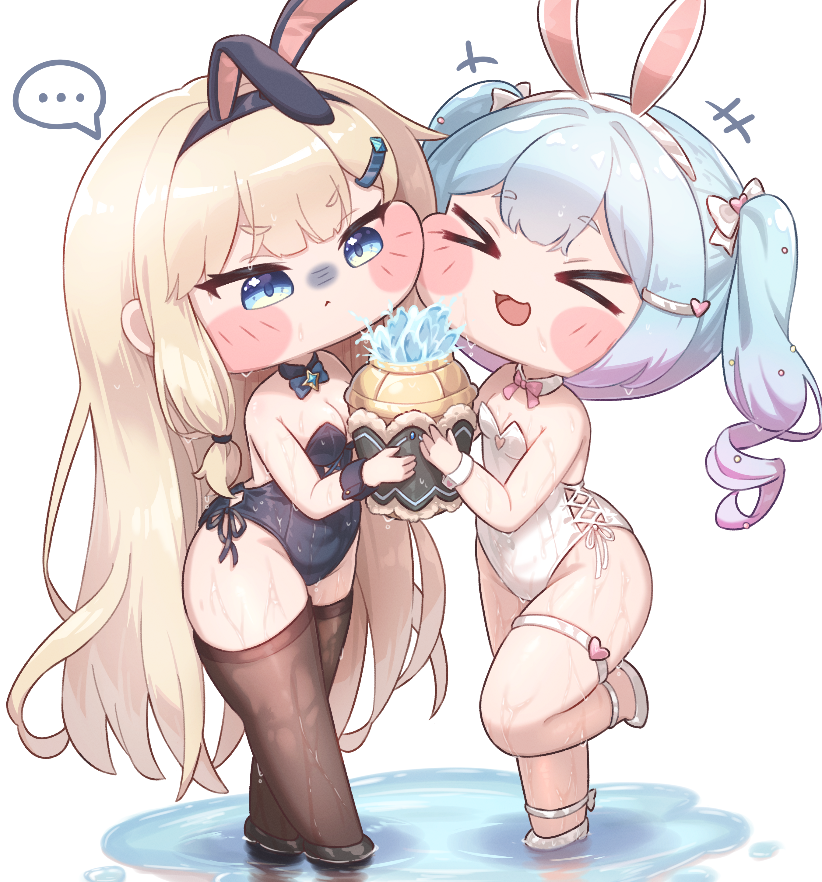 wjddn, naia (trickcal), trickcal, absurdres, commentary request, highres, > <, …, 2girls, :<, :3, animal ears, blonde hair, blue eyes, blue hair, blush, breasts, chibi, cleavage, closed eyes, closed mouth, covered navel, detached collar, fake animal ears, full body, hair ornament, hairclip, holding, leotard, long hair, multiple girls, no nose, open mouth, playboy bunny, shasha (trickcal), short eyebrows, simple background, speech bubble, spoken ellipsis, standing, strapless, strapless leotard, thick thighs, thighhighs, thighs, twintails, white background