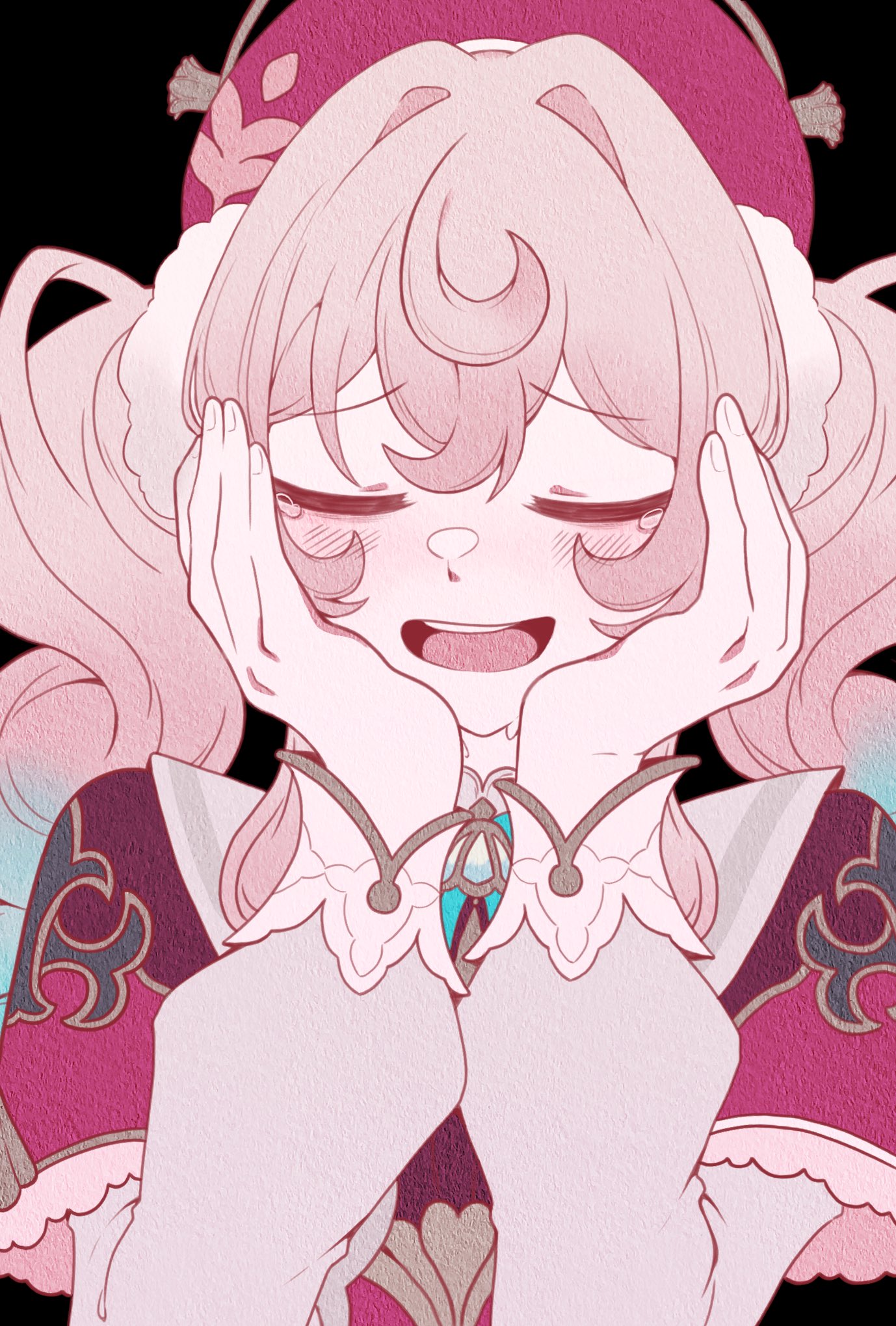 kosame 0229, hyacine (honkai: star rail), honkai: star rail, honkai (series), commentary request, highres, 1girl, black background, blue hair, blush, closed eyes, dress, fingernails, gradient hair, hair between eyes, hands on own face, hands up, hat, hat ornament, long hair, long sleeves, multicolored hair, open mouth, pink dress, pink hair, pink hat, puffy long sleeves, puffy sleeves, simple background, smile, solo, tearing up, teeth, tongue, twintails, two-tone dress, upper body, wavy hair, white dress