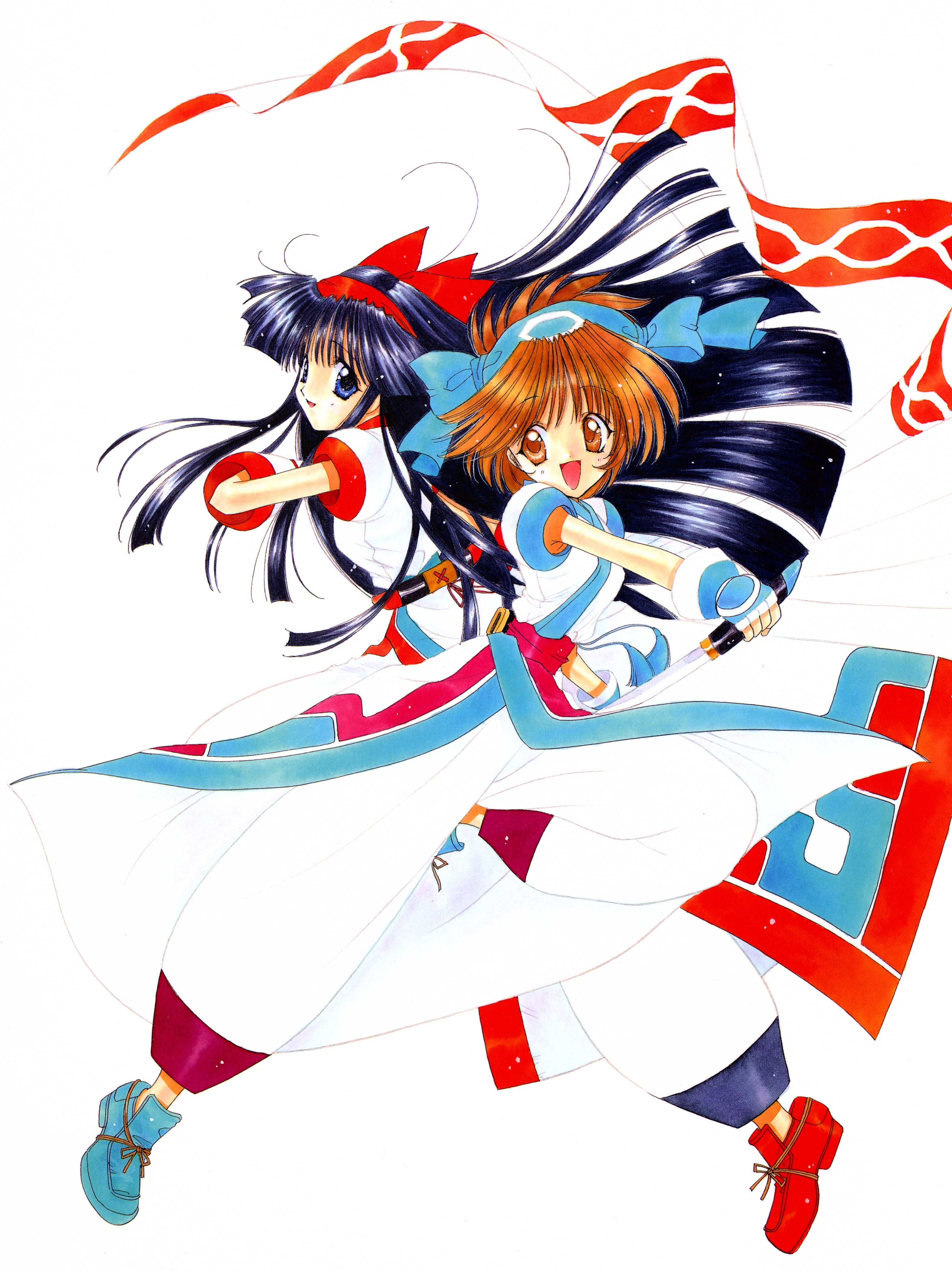 nanase aoi, nakoruru, rimururu, samurai spirits, snk, absurdres, highres, scan, 1990s (style), 2girls, black hair, blue eyes, bow, brown eyes, brown hair, hair bow, hairband, japanese clothes, long hair, multiple girls, red bow, retro artstyle, short hair, siblings, sisters, smile