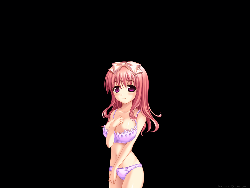 fumizuki yukari, asahina hiyori (hara hara!!), hara hara!!, game cg, non-web source, variant set, 1girl, black background, blush, bow, bowtie, bra, breasts, breasts squeezed together, cleavage, clenched hands, closed mouth, collarbone, cowboy shot, hair between eyes, hair bow, hand on own chest, hand up, large breasts, long hair, navel, panties, pink bow, pink eyes, pink hair, purple bra, purple panties, simple background, smile, solo, standing, tachi-e, tareme, thighs, underwear