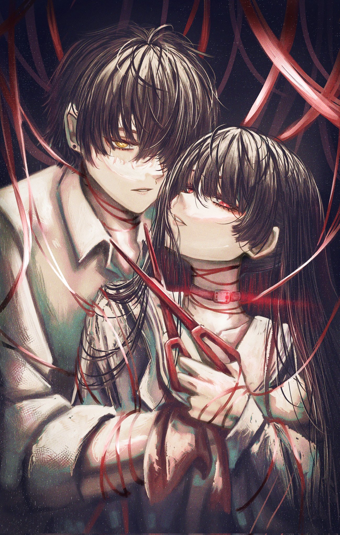 artdroiiid ii, chisa (wuthering waves), male rover (wuthering waves), rover (wuthering waves), wuthering waves, commentary, corrupted twitter file, english commentary, highres, 1boy, 1girl, black choker, black hair, choker, collarbone, hair between eyes, holding, holding scissors, long hair, parted lips, red eyes, scissors, upper body, yellow eyes
