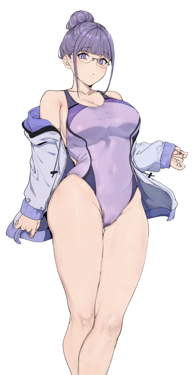 alp, original, highres, tagme, 1girl, breasts, glasses, hair bun, highleg, highleg one-piece swimsuit, jacket, large breasts, long hair, looking at viewer, miyoshi (alp), off shoulder, one-piece swimsuit, open clothes, open jacket, purple eyes, purple hair, purple one-piece swimsuit, sleeves past wrists, solo, swimsuit, white background