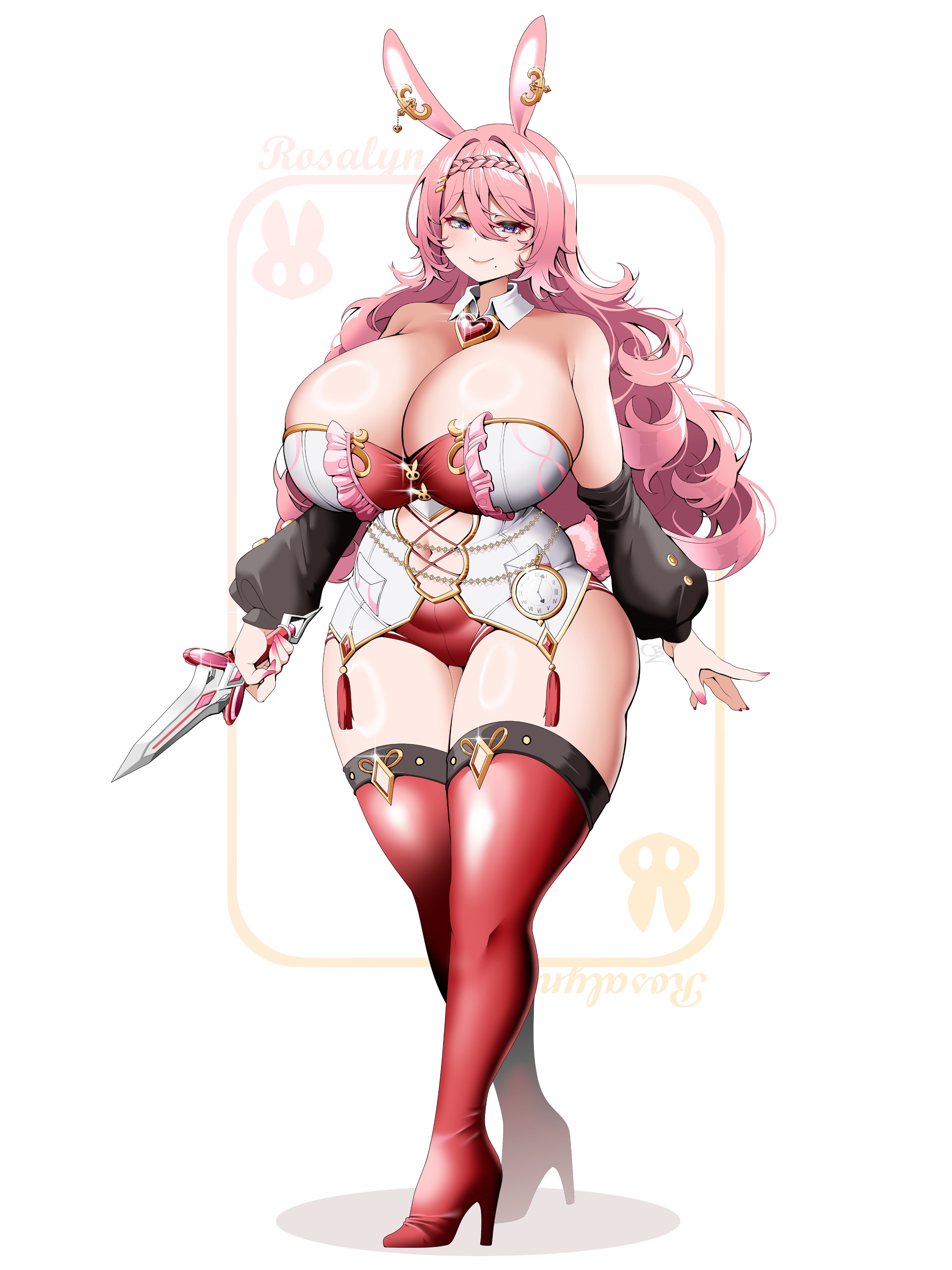 saltnvalk, original, absurdres, commentary, commission, highres, symbol-only commentary, vgen commission, 1girl, animal ear piercing, animal ears, armpit crease, bare shoulders, boots, breasts, brooch, closed mouth, dagger, detached collar, detached sleeves, double-parted bangs, dress, full body, gem, gigantic breasts, hair between eyes, heart, heart brooch, high heel boots, high heels, holding, holding dagger, holding knife, holding weapon, jewelry, knife, long hair, looking at viewer, mole, mole under mouth, navel, pink hair, purple eyes, rabbit ears, rabbit girl, red boots, red gemstone, smile, solo, standing, thick thighs, thigh boots, thighs, weapon, white background, white dress