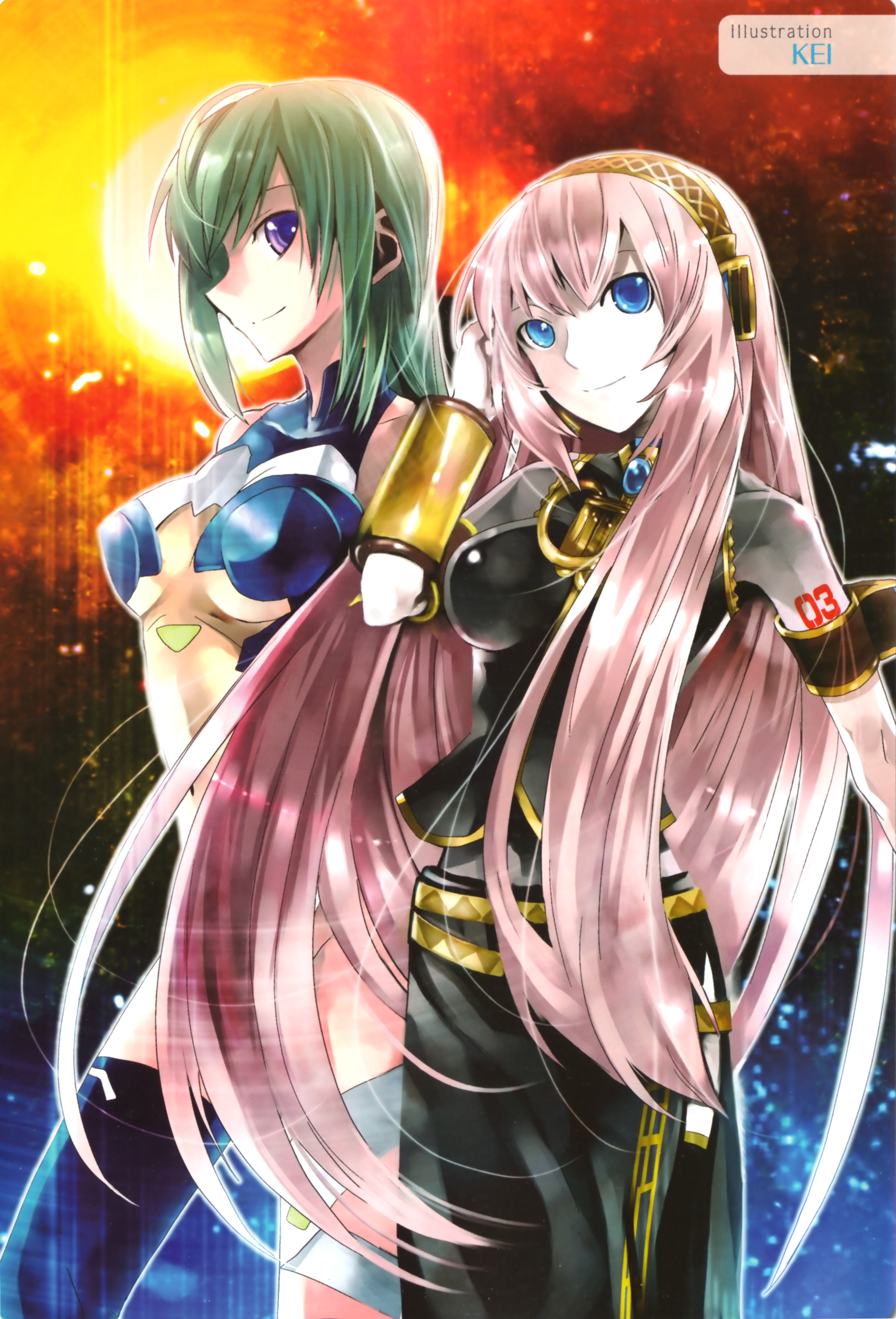 kei (keigarou), kannagi itsuki, megurine luka, kannagi, sora wo kakeru shoujo, vocaloid, absurdres, highres, 00s, 2girls, adjusting hair, armband, blue eyes, bodysuit, crossover, green hair, hairband, long hair, multiple girls, pink hair, purple eyes, smile, very long hair