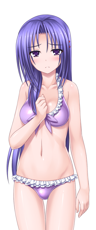 higuchi isami, murakami shizuru, mahou shoujo sae, game cg, large variant set, non-web source, official art, variant set, 1girl, bikini, blush, breasts, frilled bikini, frills, front-tie top, hair ornament, long hair, looking at viewer, medium breasts, navel, purple bikini, purple eyes, purple hair, shiny skin, solo, swimsuit, thigh gap, transparent background