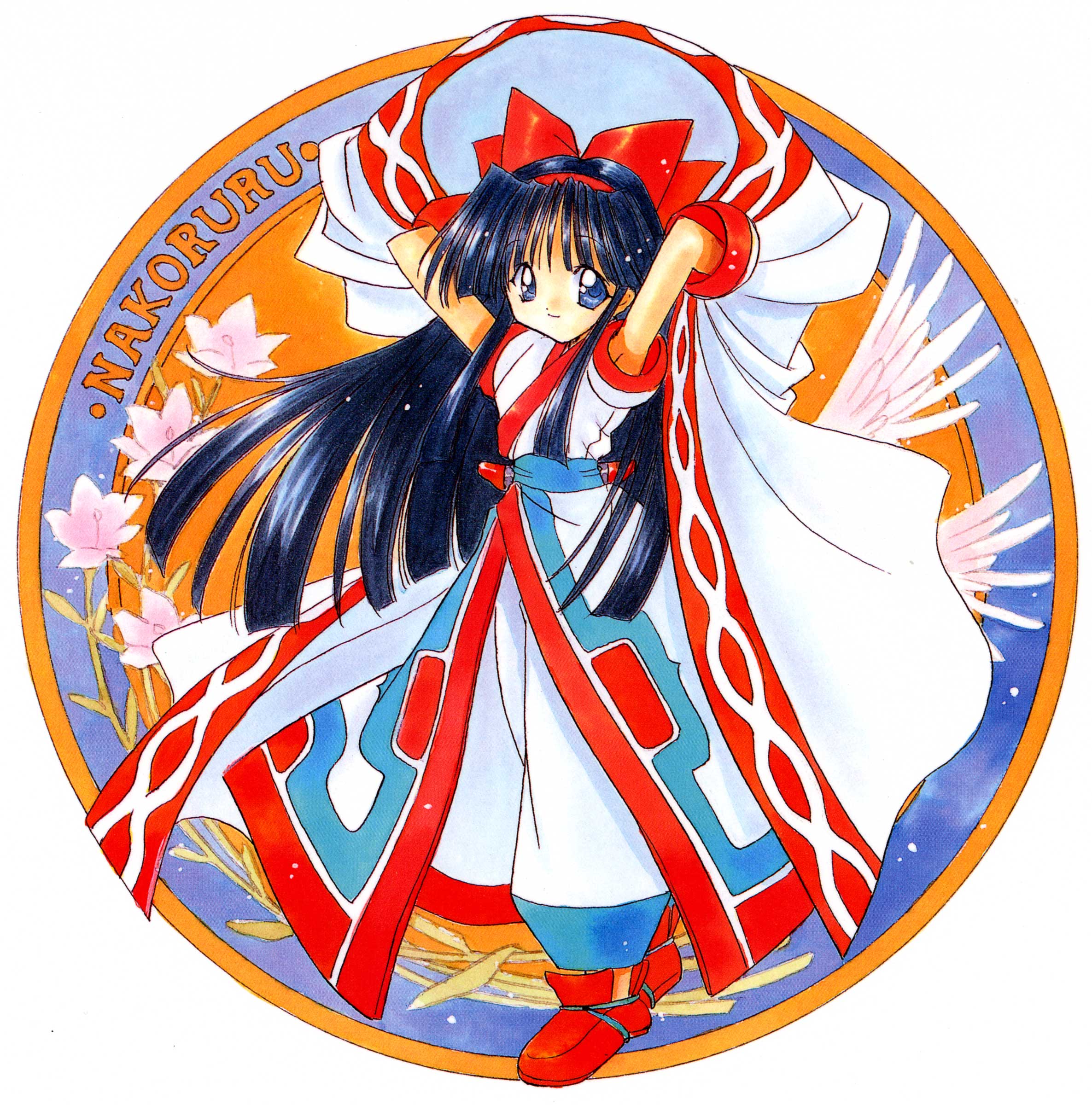 nanase aoi, nakoruru, samurai spirits, snk, absurdres, highres, scan, 1990s (style), 1girl, black hair, blue eyes, bow, character name, female focus, hair bow, japanese clothes, long hair, red bow, retro artstyle, smile, solo