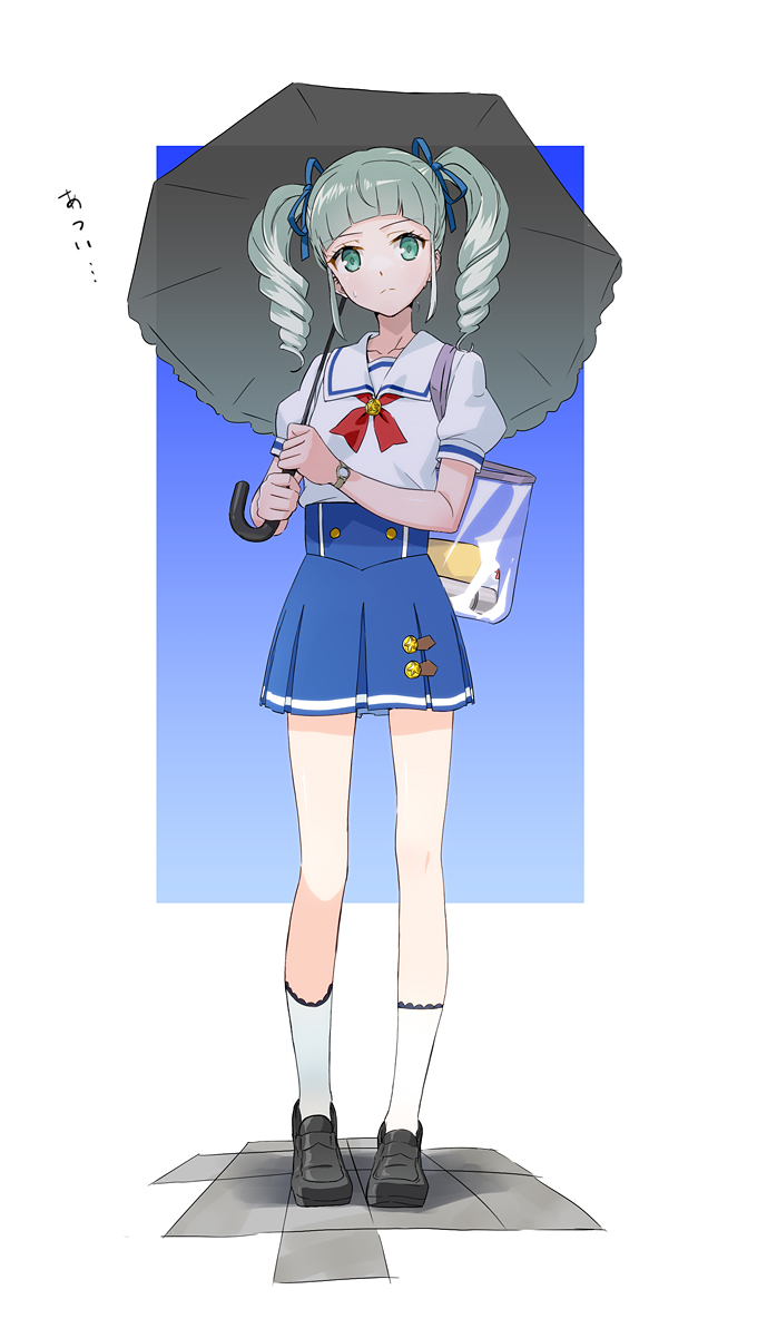 yone, todo yurika, aikatsu!, aikatsu! (series), commentary request, highres, 1girl, bag, black umbrella, blue skirt, blunt bangs, drill hair, full body, green eyes, hair ribbon, holding, holding umbrella, loafers, long hair, looking at viewer, miniskirt, neck ribbon, pleated skirt, red ribbon, ribbon, sailor collar, school uniform, serafuku, shirt, shoes, short sleeves, shoulder bag, skirt, socks, solo, standing, starlight academy school uniform, summer uniform, twin drills, twintails, umbrella, white sailor collar, white shirt, white socks