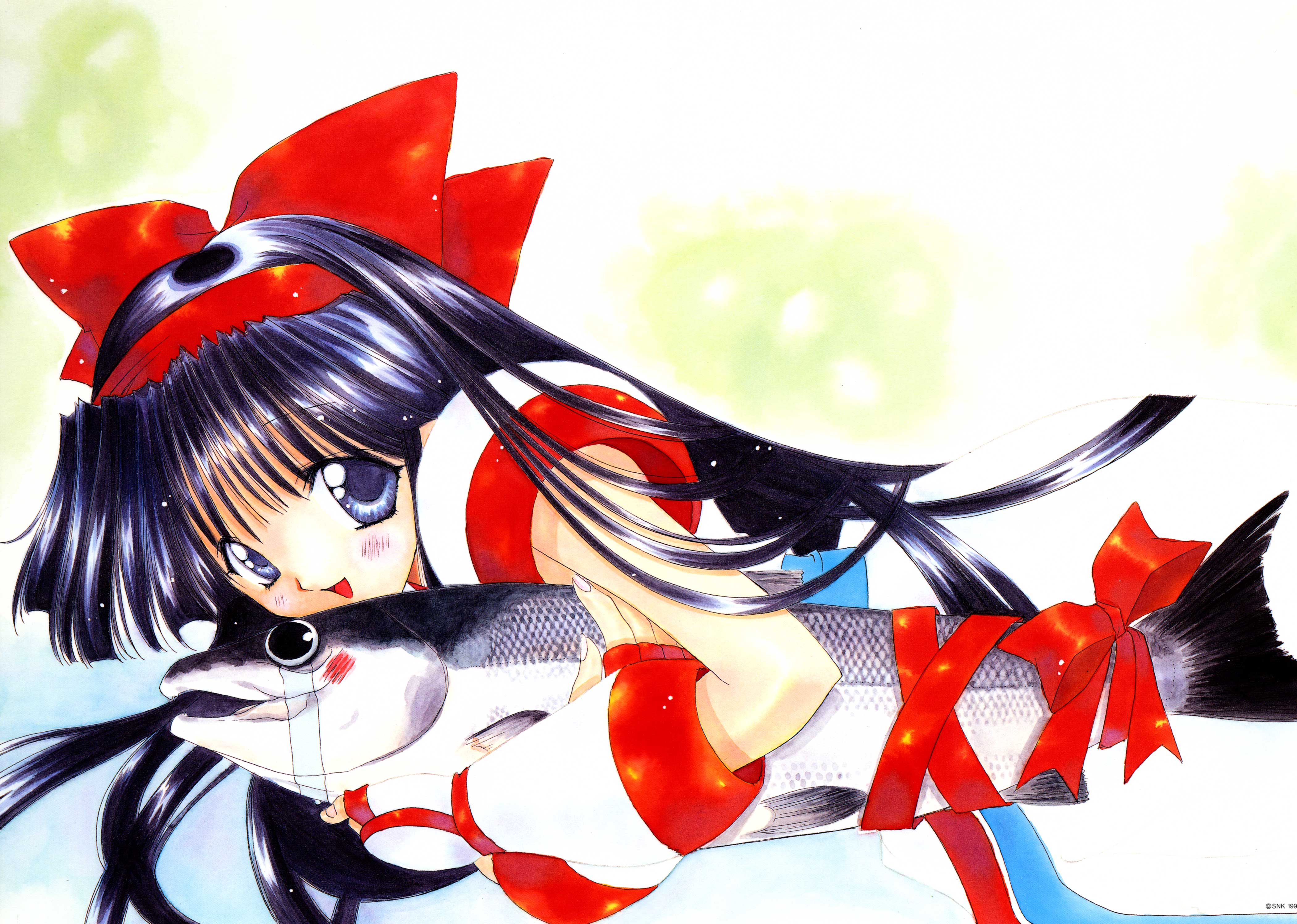 nanase aoi, nakoruru, samurai spirits, snk, absurdres, highres, scan, 1990s (style), 1girl, black hair, blue eyes, bow, female focus, fish, hair bow, japanese clothes, long hair, red bow, retro artstyle, smile, solo