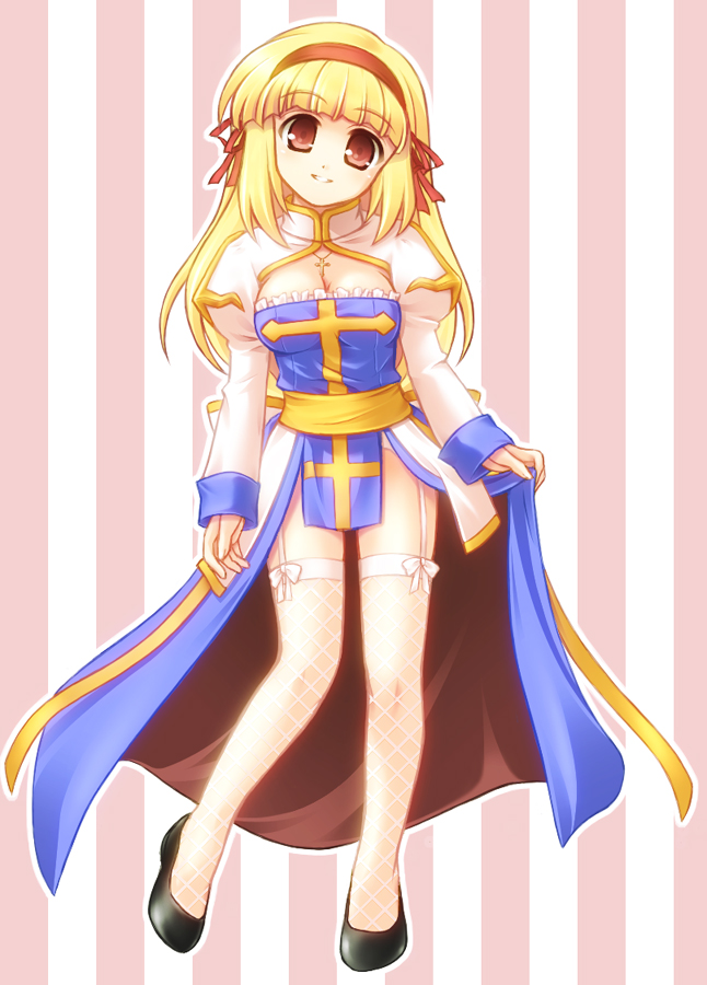 mini koala, arch bishop (ragnarok online), archbishop (ro), ragnarok online, bad id, bad pixiv id, 1girl, blonde hair, breasts, cleavage, female focus, fishnet thighhighs, fishnets, full body, garter belt, red eyes, short hair, solo, thighhighs