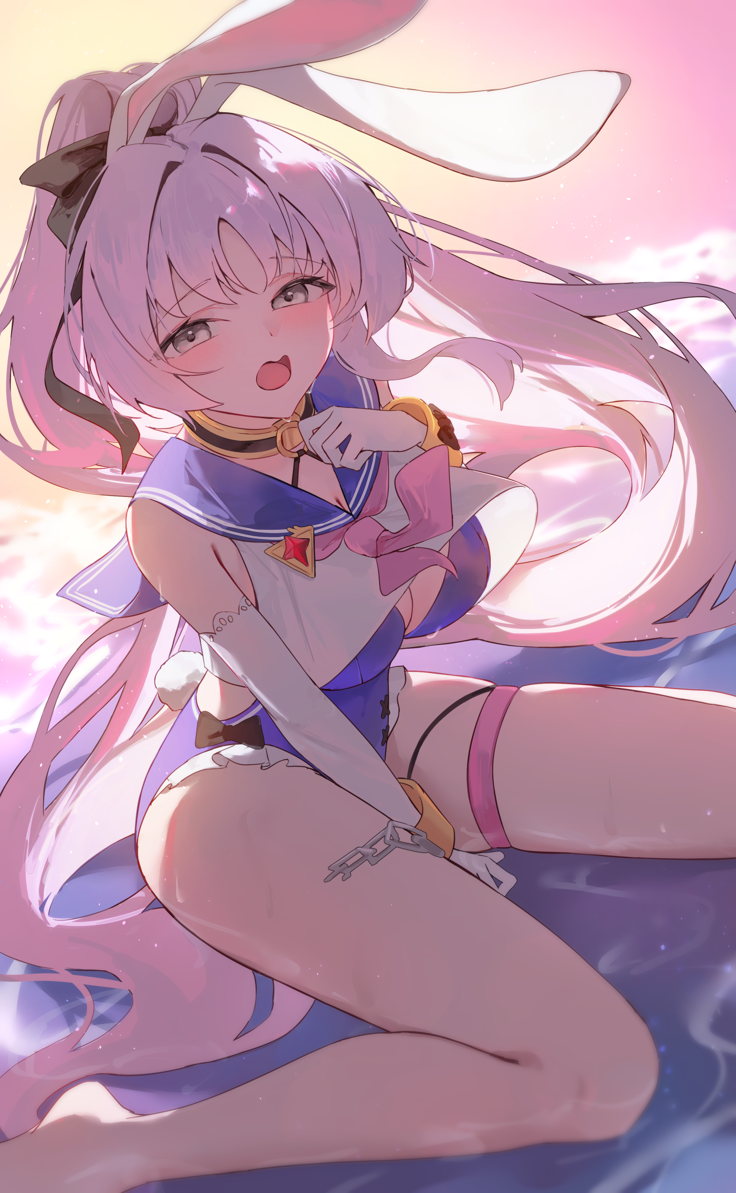 chisei259, shia (stella sora), stella sora, absurdres, commentary, highres, 1girl, animal ears, beach, between legs, blue one-piece swimsuit, blue sailor collar, blush, bow swimsuit, breasts, chain, cleavage, crop top, cuffs, dutch angle, elbow gloves, feet out of frame, frilled one-piece swimsuit, frills, gloves, grey eyes, hair intakes, hand between legs, hand up, large breasts, legs, light particles, long hair, looking at viewer, neckerchief, ocean, one-piece swimsuit, open mouth, outdoors, pink neckerchief, ponytail, purple hair, rabbit ears, sailor collar, sailor one-piece swimsuit, shackles, sitting, solo, sunset, swimsuit, thigh strap, thighs, very long hair, wariza, water, wet, white gloves, white trim