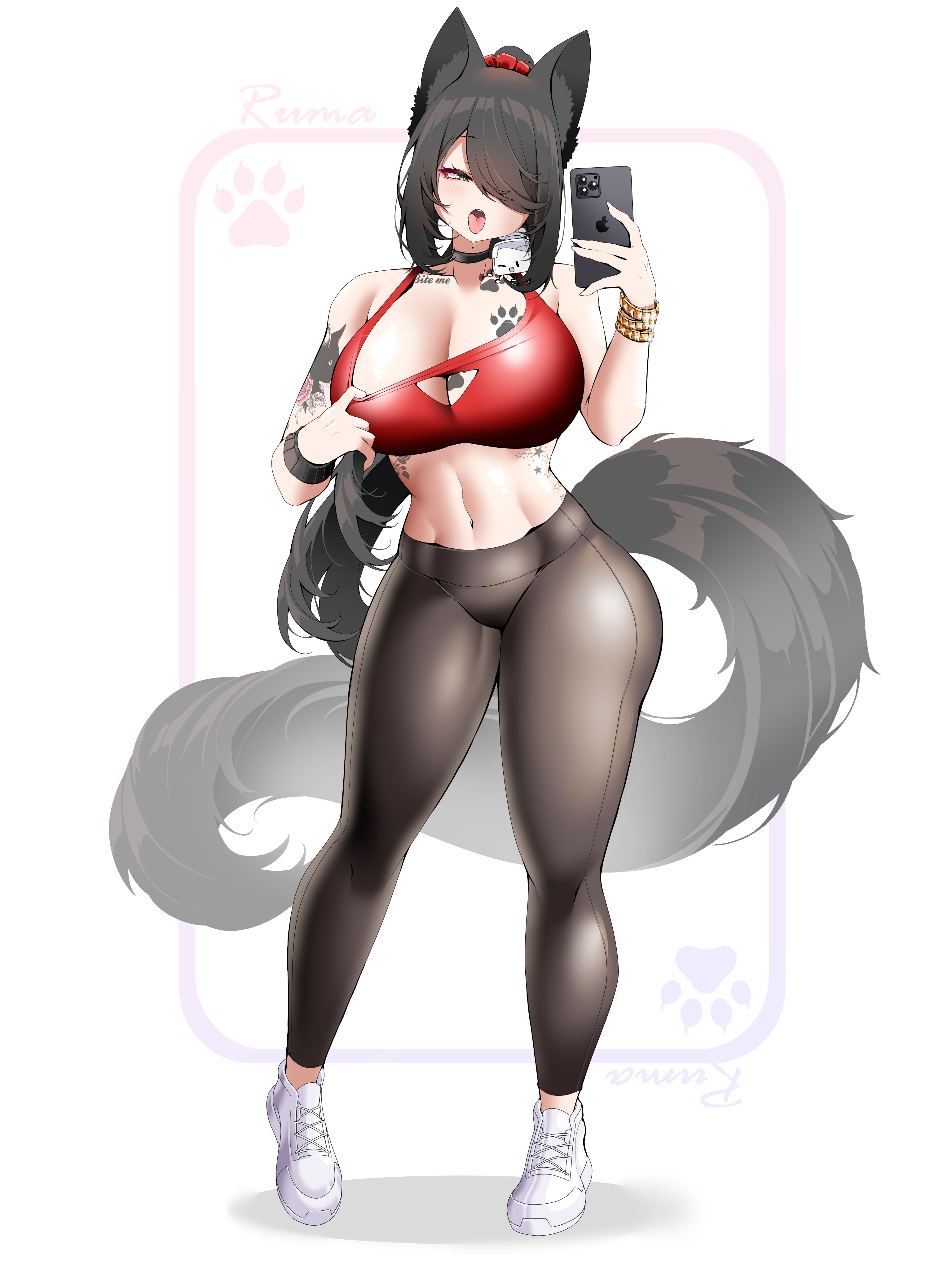 saltnvalk, original, absurdres, commentary, commission, highres, symbol-only commentary, vgen commission, 1girl, animal ear fluff, animal ears, black choker, black hair, black pants, breast tattoo, breasts, cellphone, choker, cleavage, clothes pull, drooling, full body, hair over one eye, holding, holding phone, huge breasts, long hair, looking at phone, navel, one eye covered, open mouth, pants, parted bangs, paw print, paw tattoo, phone, red sports bra, saliva, selfie, shoes, smartphone, sneakers, solo, sports bra, sports bra pull, standing, stomach, tail, tattoo, tongue, tongue out, white background, white shoes, yellow eyes