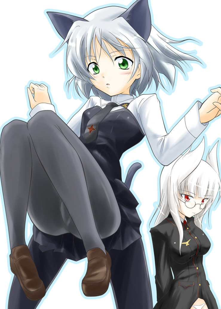 urutsu sahari, heidimarie w. schnaufer, sanya v. litvyak, strike witches, world witches series, uniform, 00s, 2girls, animal ears, black pantyhose, blush, breasts, cat ears, cat tail, glasses, green eyes, long hair, medium breasts, multiple girls, panties, panties under pantyhose, pantyhose, red eyes, short hair, tail, underwear, white hair