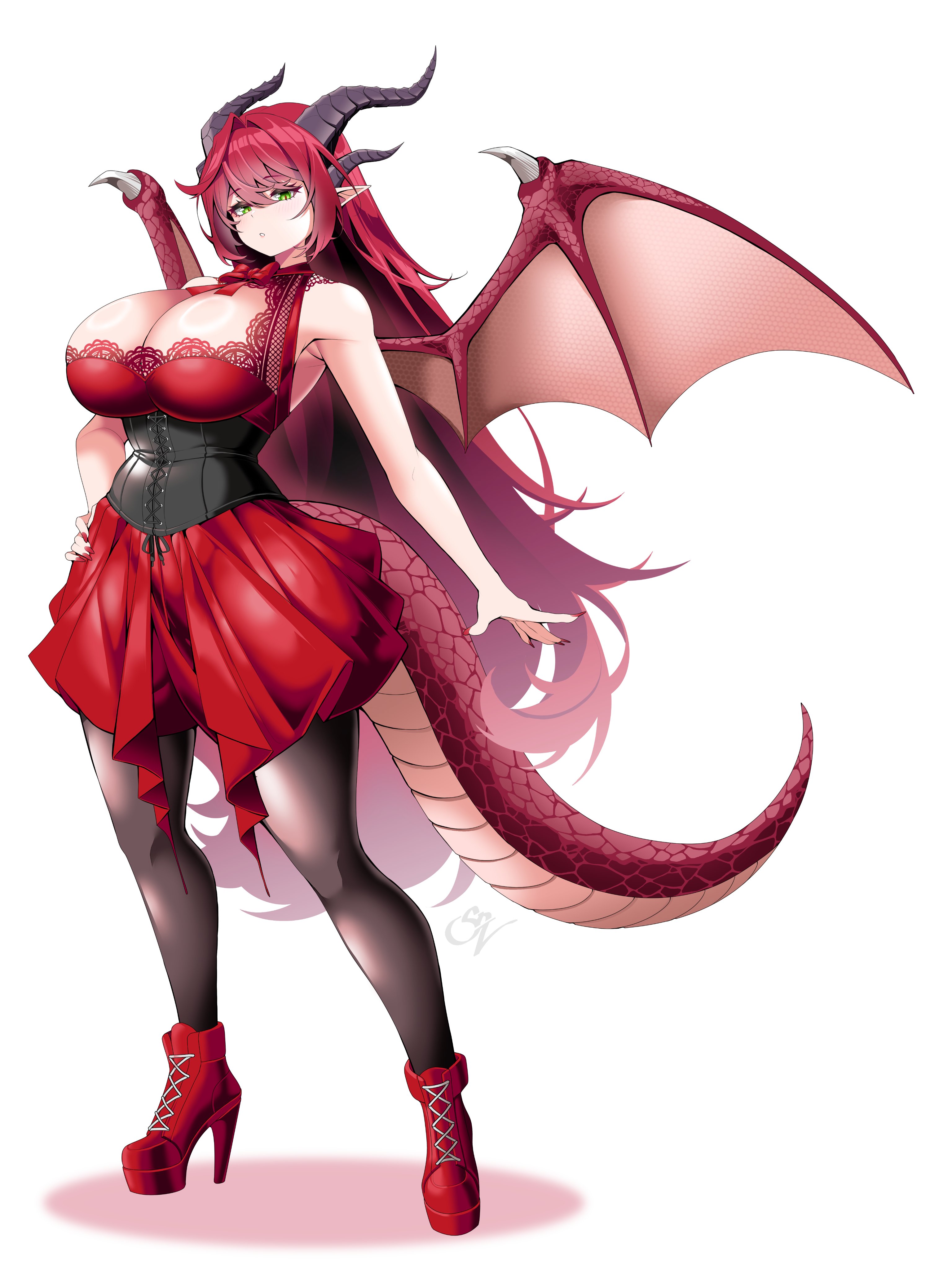 saltnvalk, original, absurdres, commentary, commission, highres, symbol-only commentary, vgen commission, 1girl, black corset, black pantyhose, boots, breasts, closed mouth, corset, dragon girl, dragon horns, dragon tail, dragon wings, dress, full body, green eyes, hair between eyes, high heel boots, high heels, horns, huge breasts, long hair, looking at viewer, multiple horns, pantyhose, pointy ears, red boots, red dress, red hair, simple background, solo, swept bangs, tail, white background, wings
